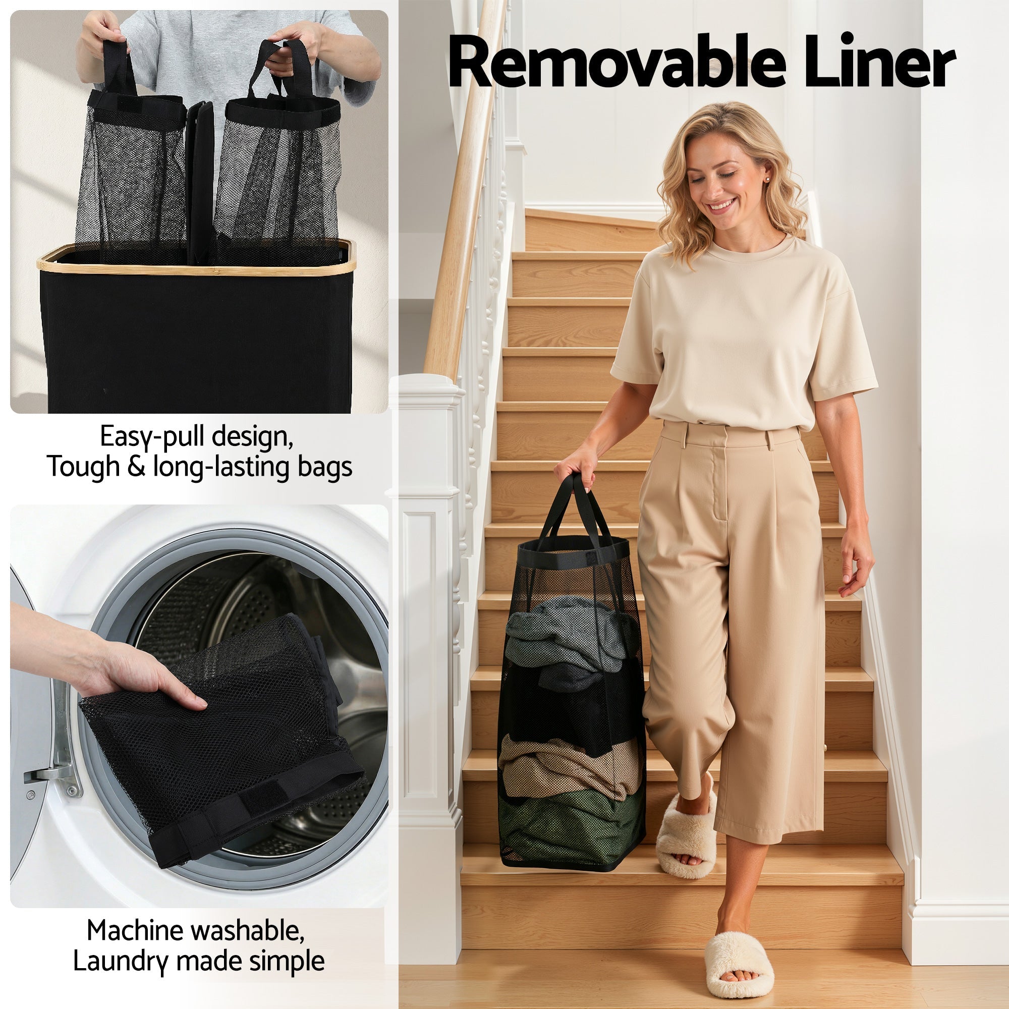 2 Sections Laundry Basket with Removable Bags Foldable Black - Home & Garden > Laundry & Cleaning > Laundry Baskets - Rivercity House & Home Co. (ABN 18 642 972 209) - Affordable Modern Furniture Australia