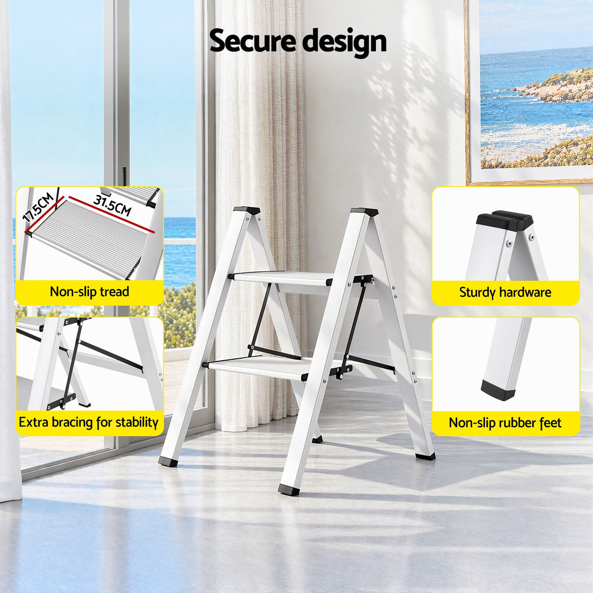 2 Step Folding Aluminium Step Ladder with Platform - Silver - Tools > Industrial Tools > Ladders & Scaffolding - Rivercity House & Home Co. (ABN 18 642 972 209) - Affordable Modern Furniture Australia