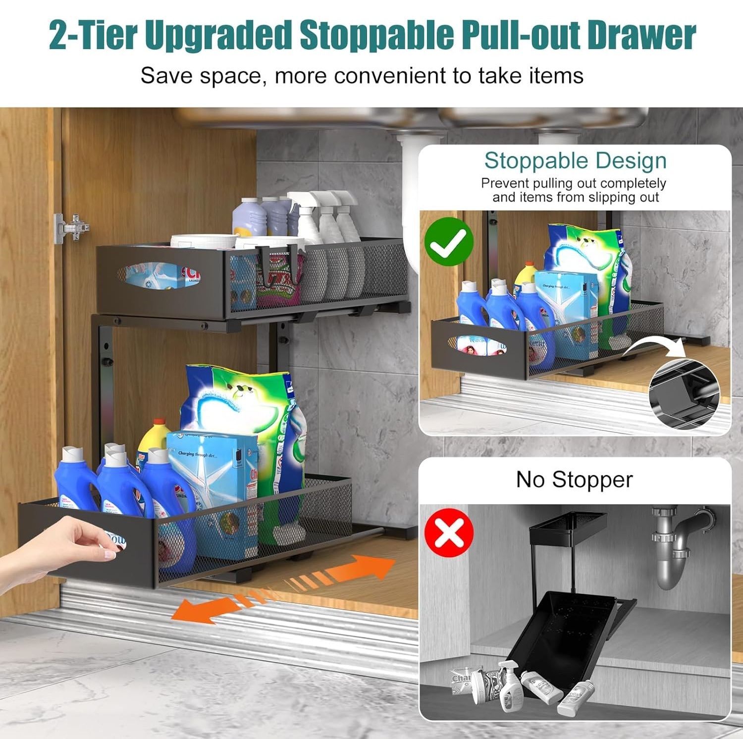 2 Tier Adjustable Height Under Sink Sliding Organiser Cabinet Shelf - Black - Furniture > Bathroom > Bathroom Cabinets, Cupboards & Storage - Rivercity House & Home Co. (ABN 18 642 972 209) - Affordable Modern Furniture Australia