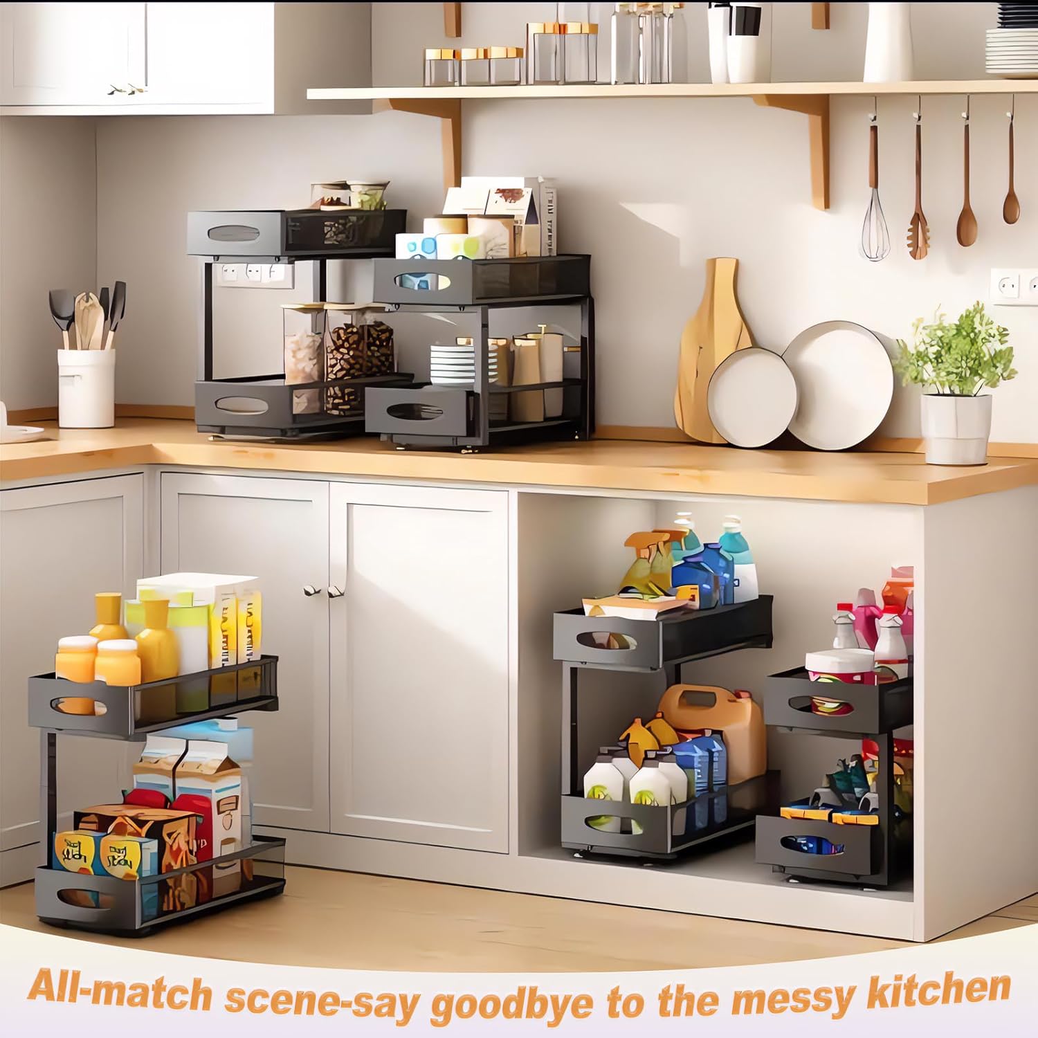 2 Tier Adjustable Height Under Sink Sliding Organiser Cabinet Shelf - Black - Furniture > Bathroom > Bathroom Cabinets, Cupboards & Storage - Rivercity House & Home Co. (ABN 18 642 972 209) - Affordable Modern Furniture Australia