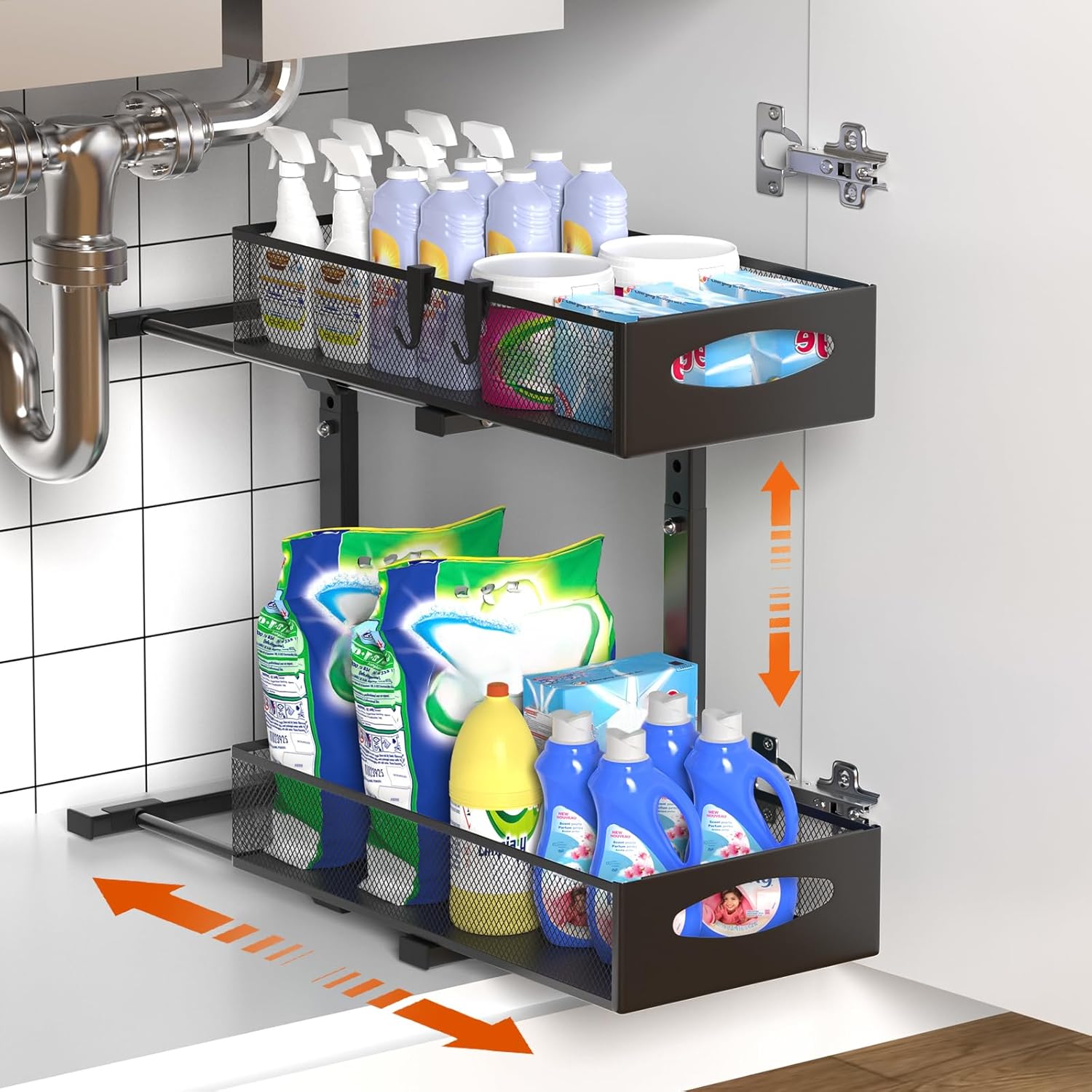 2 Tier Adjustable Height Under Sink Sliding Organiser Cabinet Shelf - Black - Furniture > Bathroom > Bathroom Cabinets, Cupboards & Storage - Rivercity House & Home Co. (ABN 18 642 972 209) - Affordable Modern Furniture Australia
