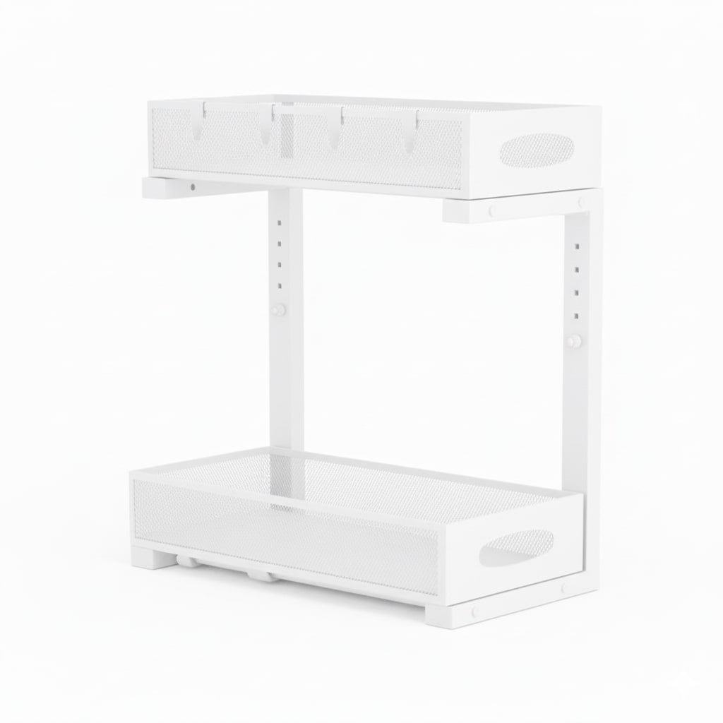 2 Tier Adjustable Height Under Sink Sliding Organiser Cabinet Shelf - White - Furniture > Bathroom > Bathroom Cabinets, Cupboards & Storage - Rivercity House & Home Co. (ABN 18 642 972 209) - Affordable Modern Furniture Australia