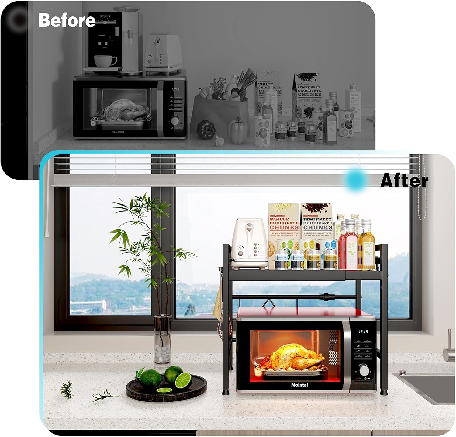 2 - Tier Adjustable Metal Microwave Oven Rack with 6 Utensil Hooks for Countertop Storage - Black - Appliances > Kitchen Appliances > Microwave Ovens - Rivercity House & Home Co. (ABN 18 642 972 209) - Affordable Modern Furniture Australia