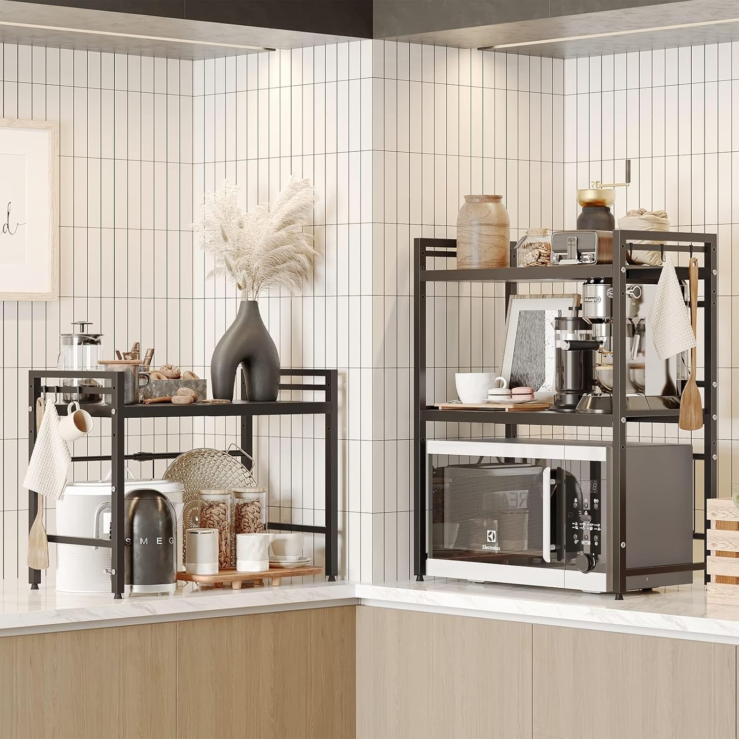 2 - Tier Adjustable Metal Microwave Oven Rack with 6 Utensil Hooks for Countertop Storage - Black - Appliances > Kitchen Appliances > Microwave Ovens - Rivercity House & Home Co. (ABN 18 642 972 209) - Affordable Modern Furniture Australia