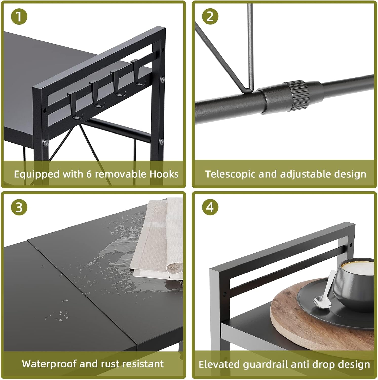 2 - Tier Adjustable Metal Microwave Oven Rack with 6 Utensil Hooks for Countertop Storage - Black - Appliances > Kitchen Appliances > Microwave Ovens - Rivercity House & Home Co. (ABN 18 642 972 209) - Affordable Modern Furniture Australia