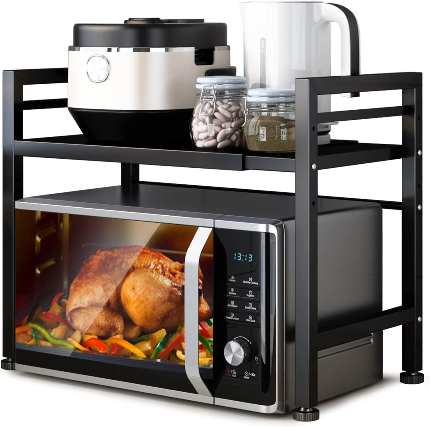 2 - Tier Adjustable Metal Microwave Oven Rack with 6 Utensil Hooks for Countertop Storage - Black - Appliances > Kitchen Appliances > Microwave Ovens - Rivercity House & Home Co. (ABN 18 642 972 209) - Affordable Modern Furniture Australia