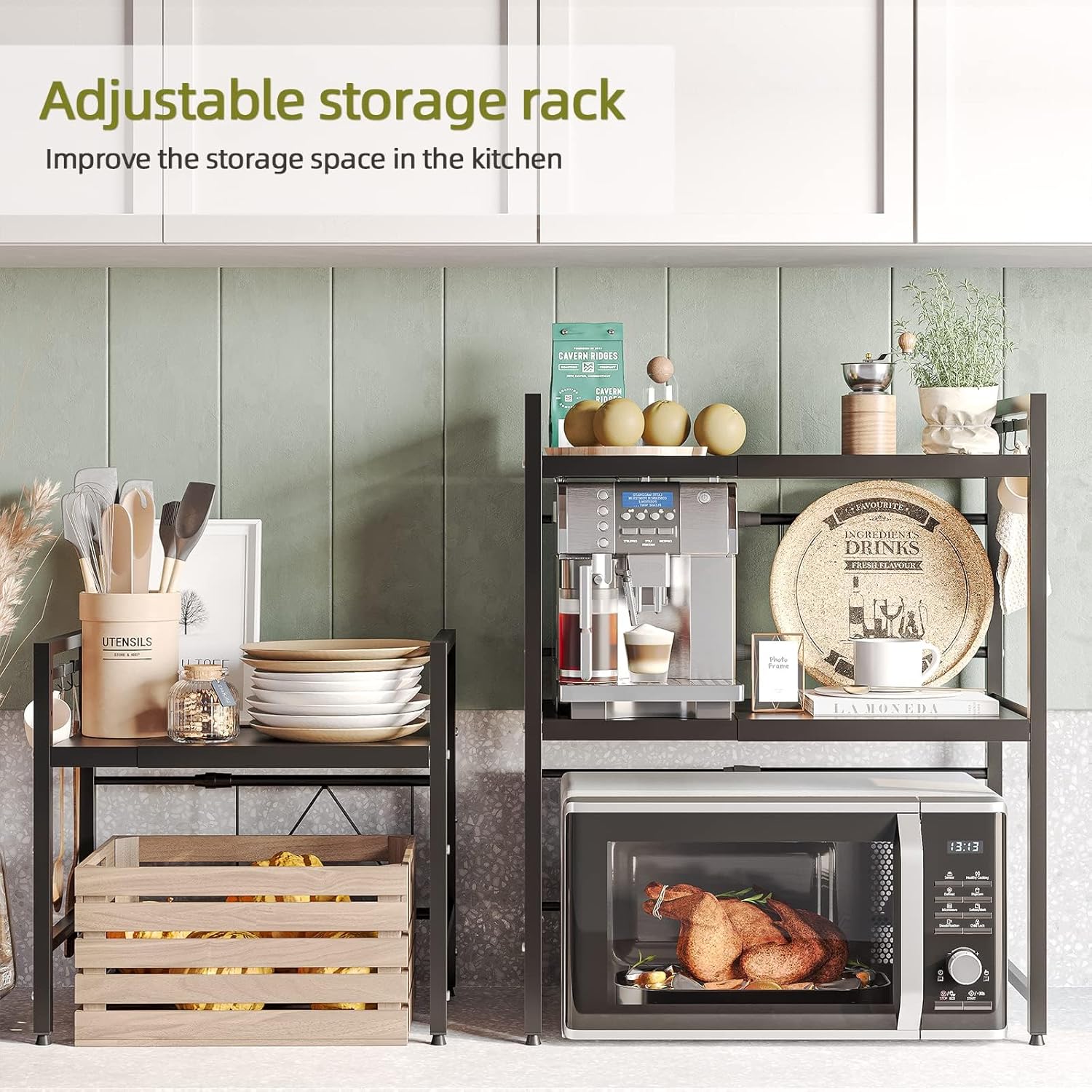 2 - Tier Adjustable Metal Microwave Oven Rack with 6 Utensil Hooks for Countertop Storage - Black - Appliances > Kitchen Appliances > Microwave Ovens - Rivercity House & Home Co. (ABN 18 642 972 209) - Affordable Modern Furniture Australia