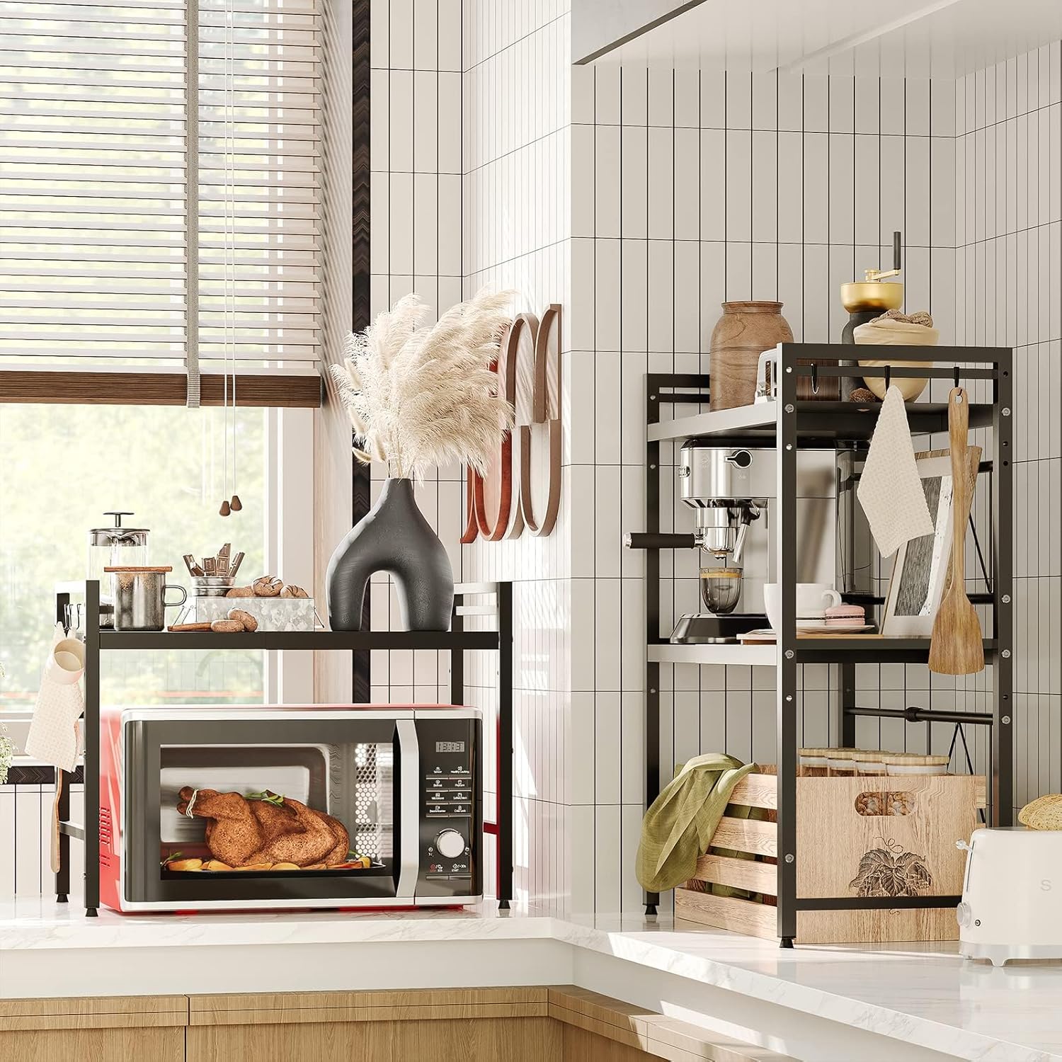 2 - Tier Adjustable Metal Microwave Oven Rack with 6 Utensil Hooks for Countertop Storage - Black - Appliances > Kitchen Appliances > Microwave Ovens - Rivercity House & Home Co. (ABN 18 642 972 209) - Affordable Modern Furniture Australia