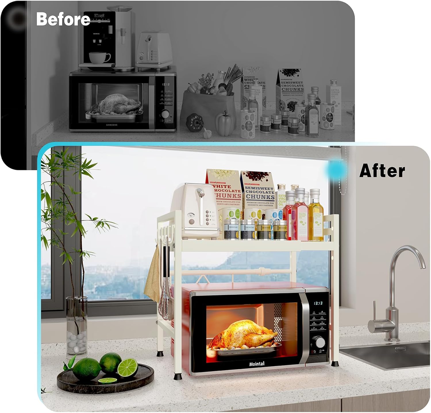 2 - Tier Adjustable Metal Microwave Oven Rack with 6 Utensil Hooks for Countertop Storage - White - Appliances > Kitchen Appliances > Microwave Ovens - Rivercity House & Home Co. (ABN 18 642 972 209) - Affordable Modern Furniture Australia