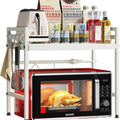 2-Tier Adjustable Metal Microwave Oven Rack with 6 Utensil Hooks for Countertop Storage - White