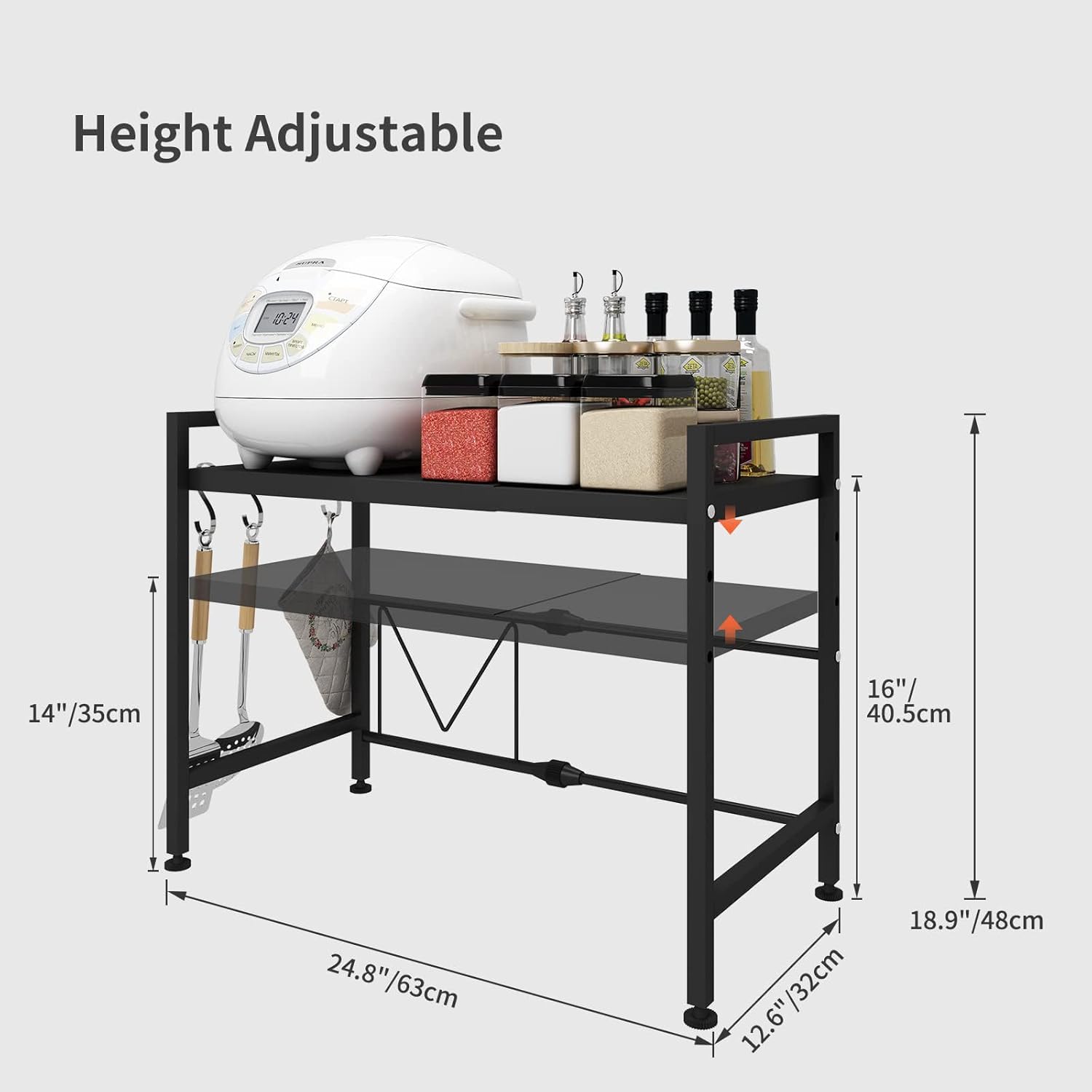 2 - Tier Adjustable Metal Microwave Oven Rack with 6 Utensil Hooks for Countertop Storage - White - Appliances > Kitchen Appliances > Microwave Ovens - Rivercity House & Home Co. (ABN 18 642 972 209) - Affordable Modern Furniture Australia