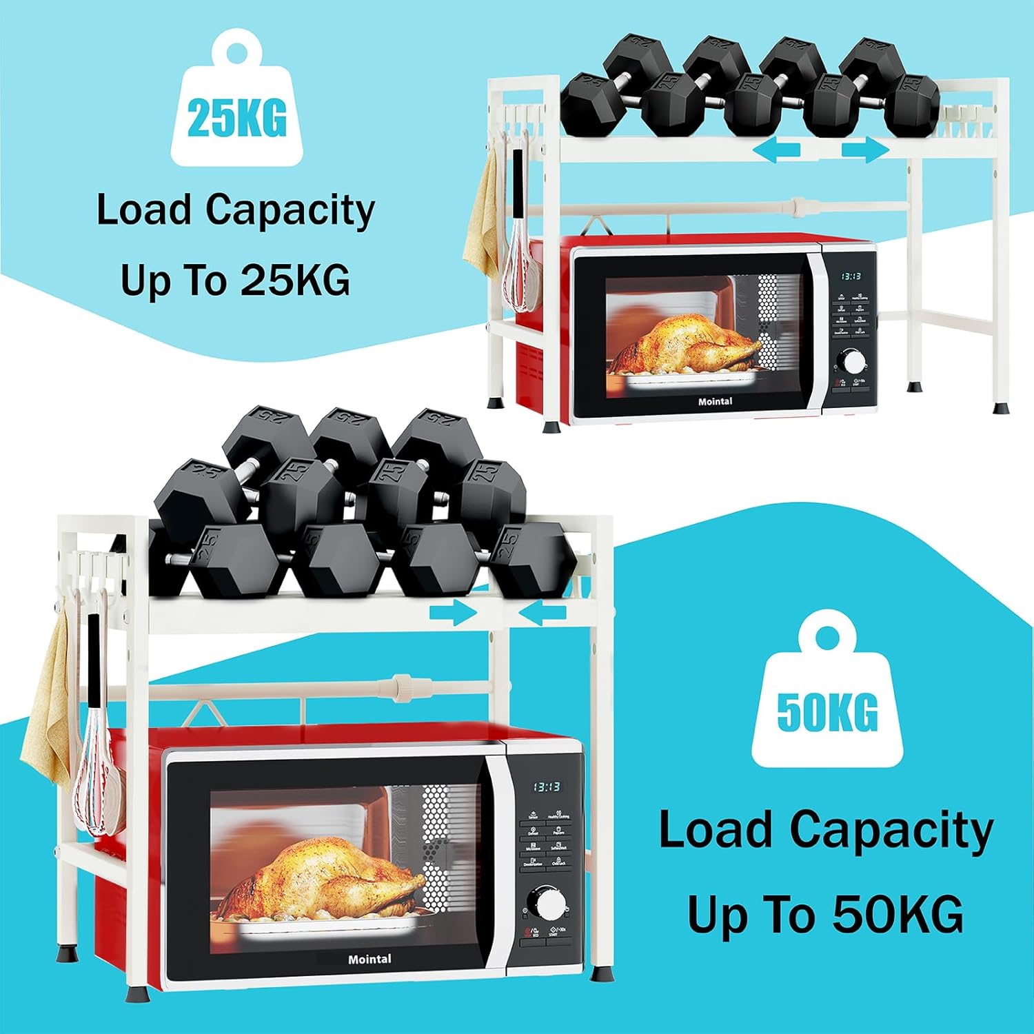 2 - Tier Adjustable Metal Microwave Oven Rack with 6 Utensil Hooks for Countertop Storage - White - Appliances > Kitchen Appliances > Microwave Ovens - Rivercity House & Home Co. (ABN 18 642 972 209) - Affordable Modern Furniture Australia