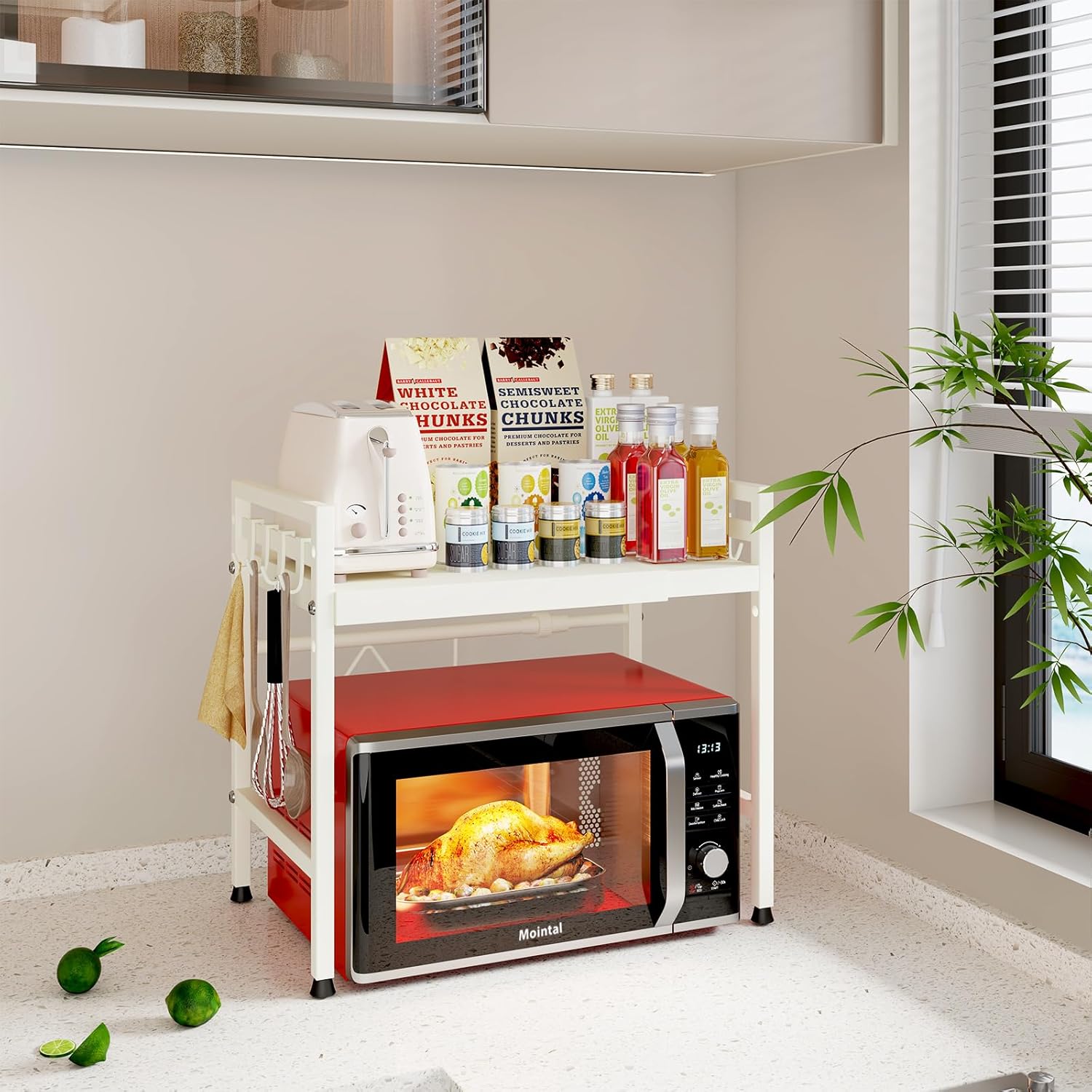 2 - Tier Adjustable Metal Microwave Oven Rack with 6 Utensil Hooks for Countertop Storage - White - Appliances > Kitchen Appliances > Microwave Ovens - Rivercity House & Home Co. (ABN 18 642 972 209) - Affordable Modern Furniture Australia