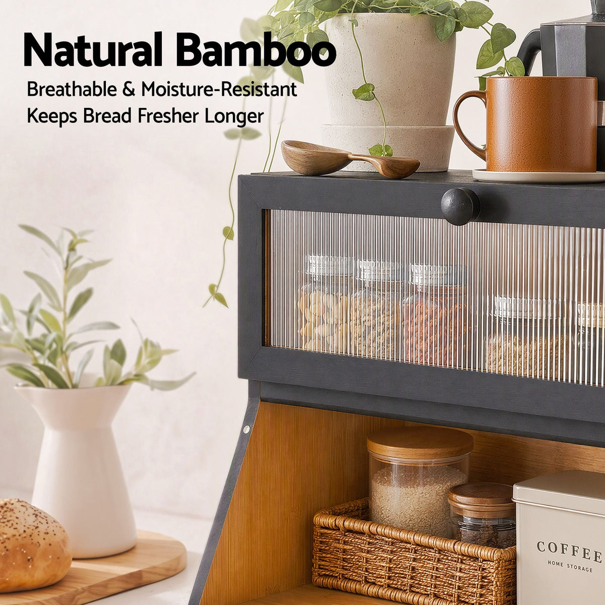2-Tier Bamboo Bread Box Kitchen Countertop Storage 40cm - Black - Home & Garden > Kitchenware > Food Storage - Rivercity House & Home Co. (ABN 18 642 972 209) - Affordable Modern Furniture Australia