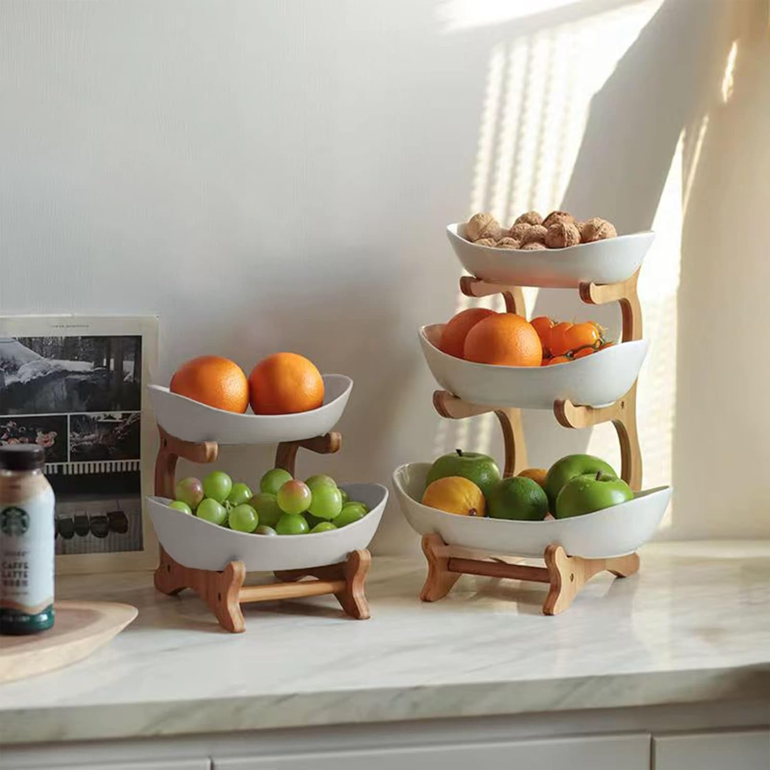 2 - Tier Ceramic Fruit Bowl Basket with Bamboo Stand for Kitchen Counter, Snack Tray, Dessert Server & Vegetable Storage Rack - Furniture > Dining > Buffets & Sideboards - Rivercity House & Home Co. (ABN 18 642 972 209) - Affordable Modern Furniture Australia