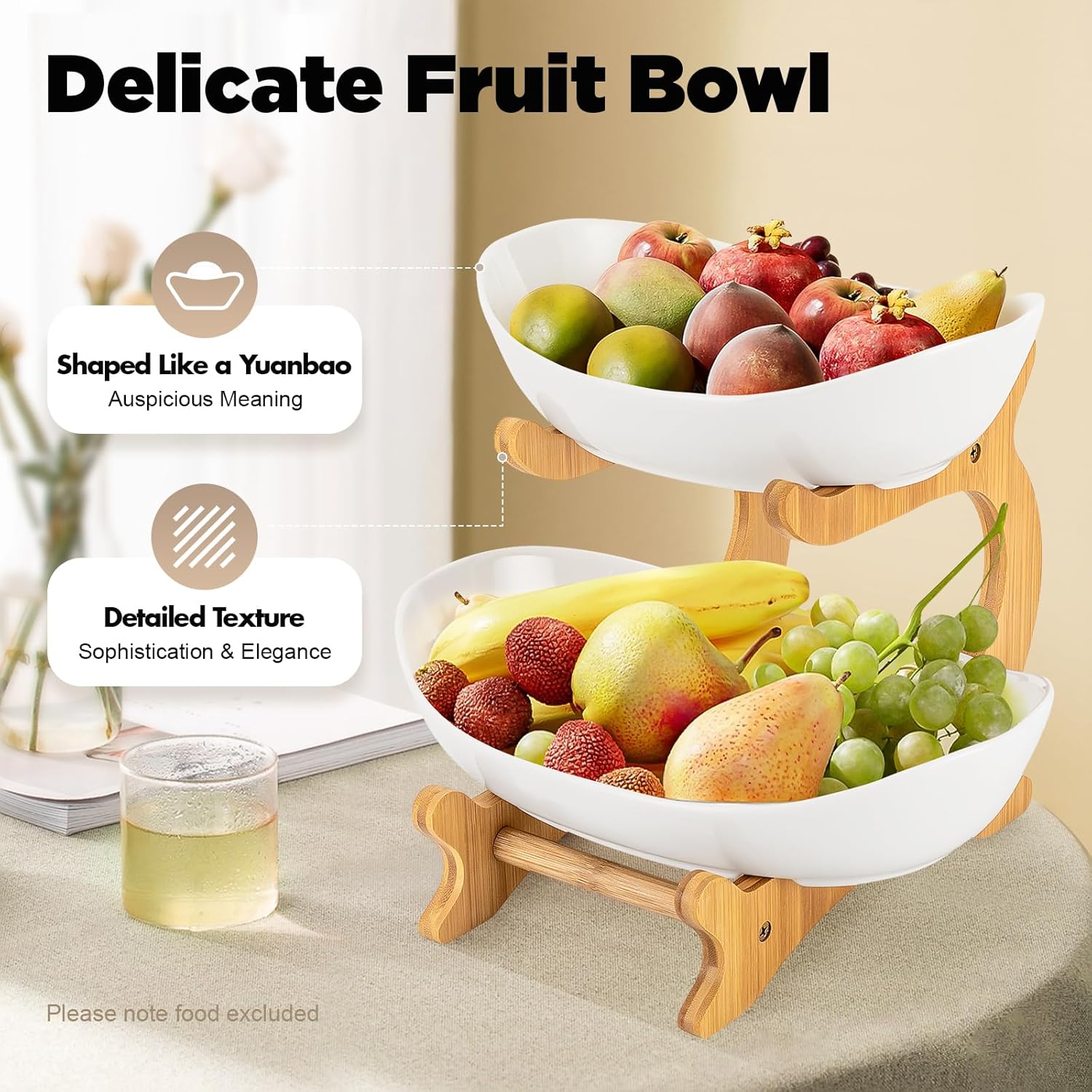 2 - Tier Ceramic Fruit Bowl Basket with Bamboo Stand for Kitchen Counter, Snack Tray, Dessert Server & Vegetable Storage Rack - Furniture > Dining > Buffets & Sideboards - Rivercity House & Home Co. (ABN 18 642 972 209) - Affordable Modern Furniture Australia