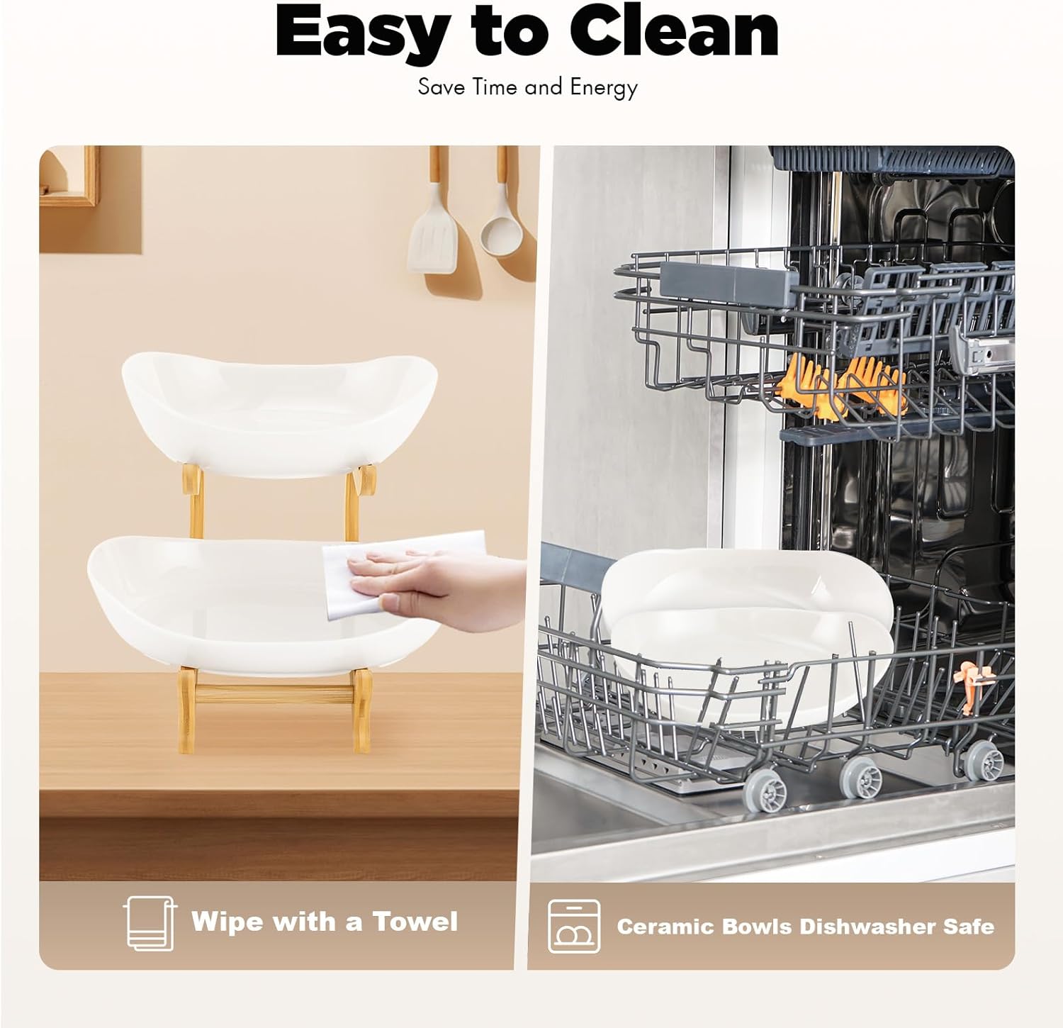 2 - Tier Ceramic Fruit Bowl Basket with Bamboo Stand for Kitchen Counter, Snack Tray, Dessert Server & Vegetable Storage Rack - Furniture > Dining > Buffets & Sideboards - Rivercity House & Home Co. (ABN 18 642 972 209) - Affordable Modern Furniture Australia