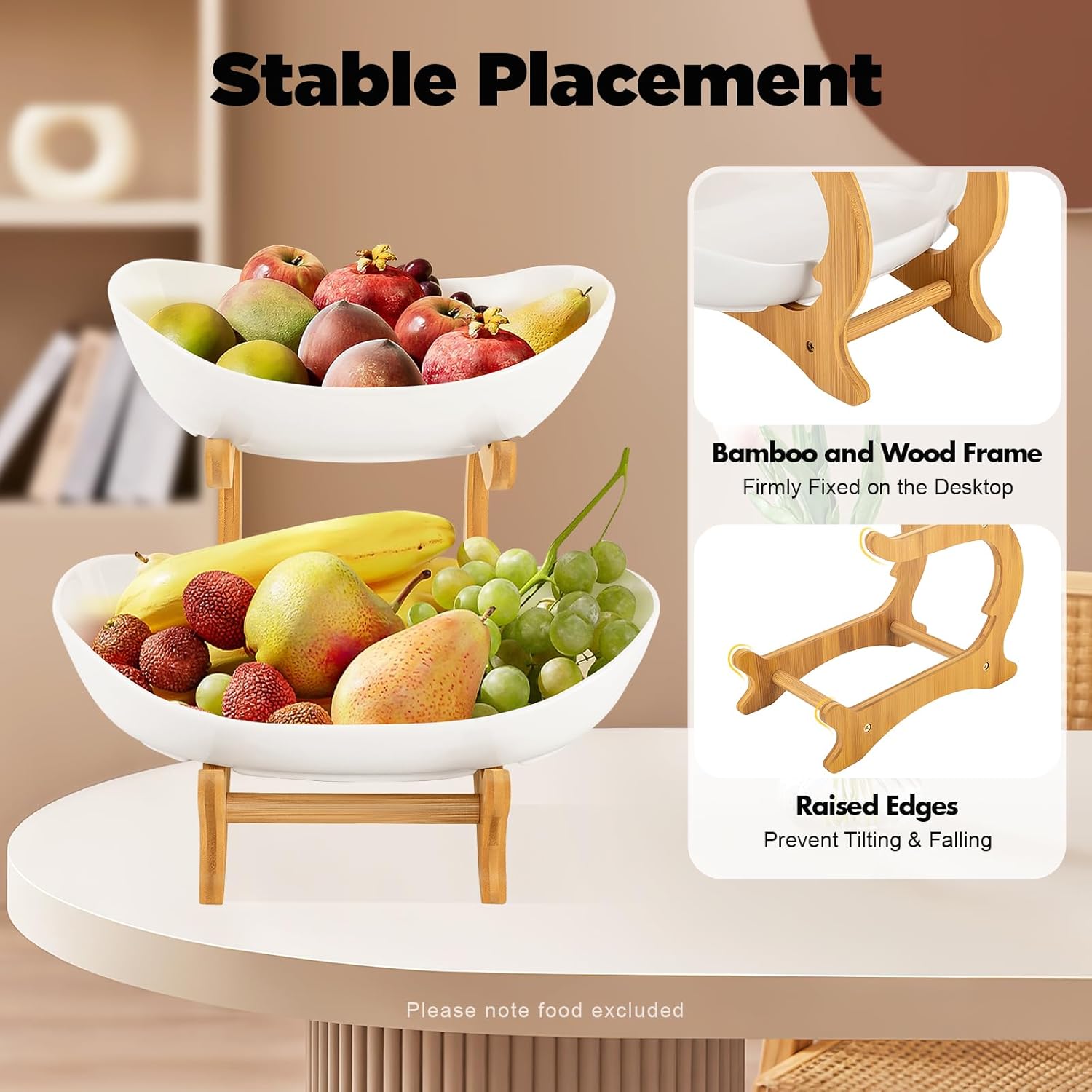 2 - Tier Ceramic Fruit Bowl Basket with Bamboo Stand for Kitchen Counter, Snack Tray, Dessert Server & Vegetable Storage Rack - Furniture > Dining > Buffets & Sideboards - Rivercity House & Home Co. (ABN 18 642 972 209) - Affordable Modern Furniture Australia