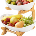2-Tier Ceramic Fruit Bowl with Bamboo Stand for Kitchen Counter & Serving - White