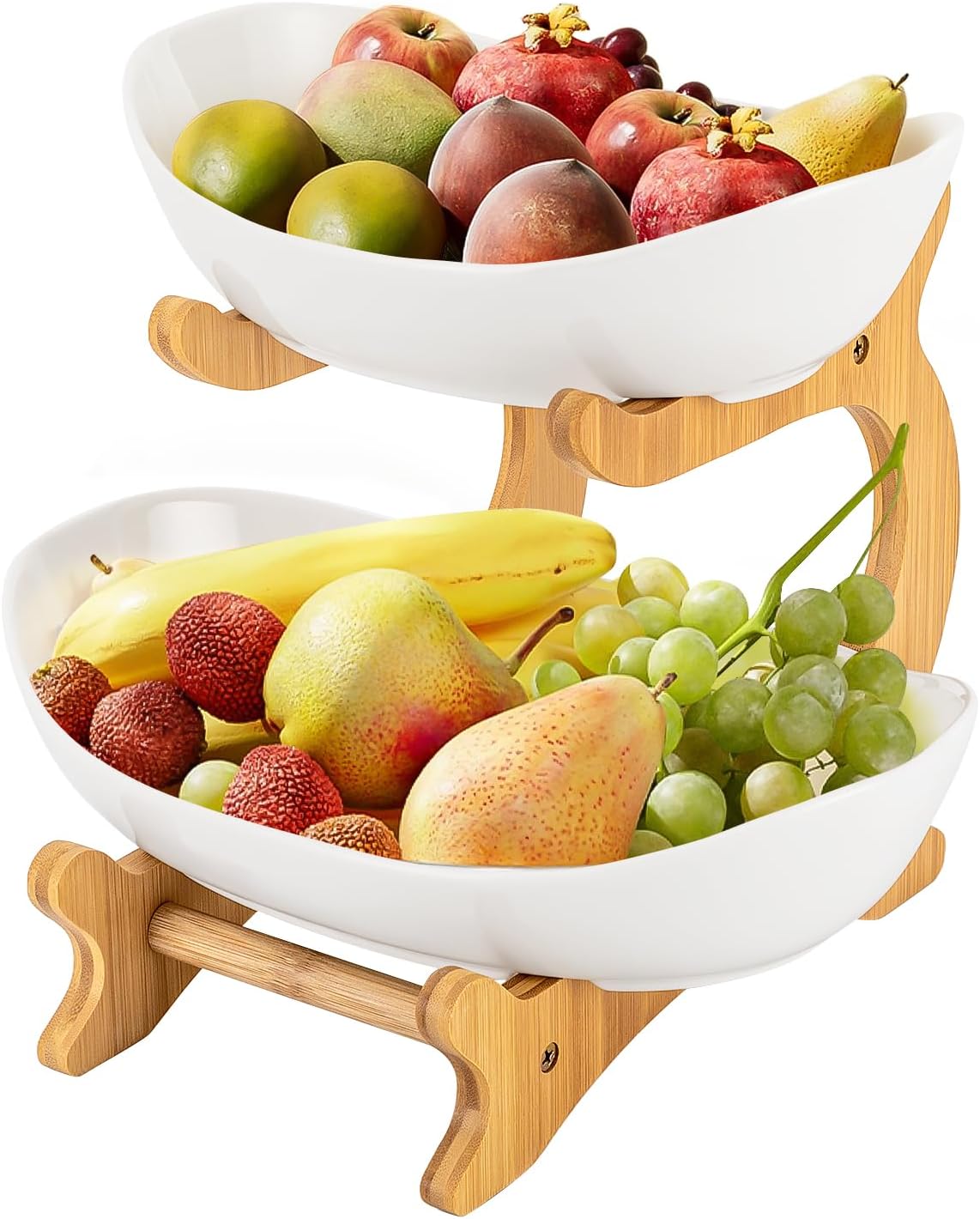 2 - Tier Ceramic Fruit Bowl Basket with Bamboo Stand for Kitchen Counter, Snack Tray, Dessert Server & Vegetable Storage Rack - Furniture > Dining > Buffets & Sideboards - Rivercity House & Home Co. (ABN 18 642 972 209) - Affordable Modern Furniture Australia