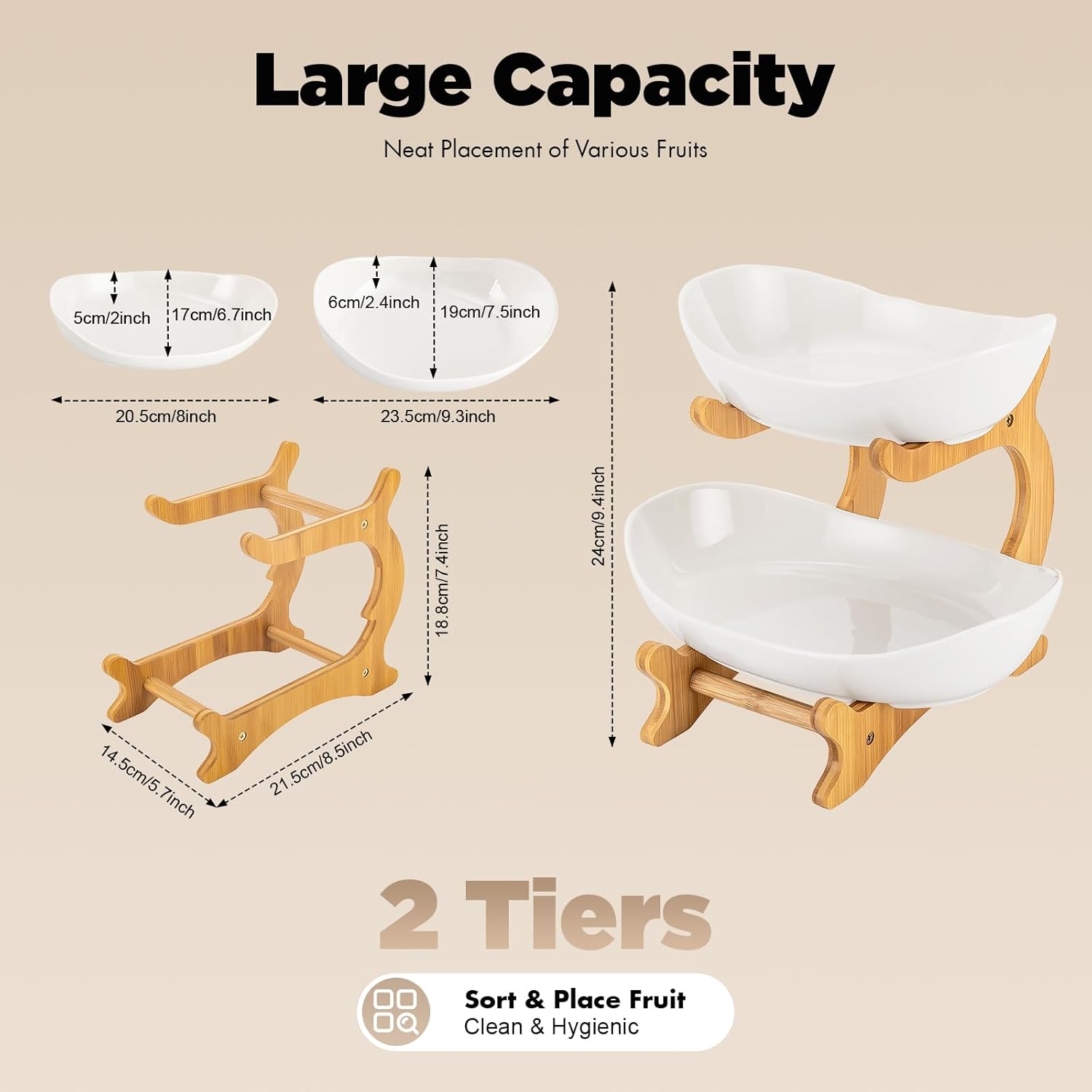 2 - Tier Ceramic Fruit Bowl Basket with Bamboo Stand for Kitchen Counter, Snack Tray, Dessert Server & Vegetable Storage Rack - Furniture > Dining > Buffets & Sideboards - Rivercity House & Home Co. (ABN 18 642 972 209) - Affordable Modern Furniture Australia