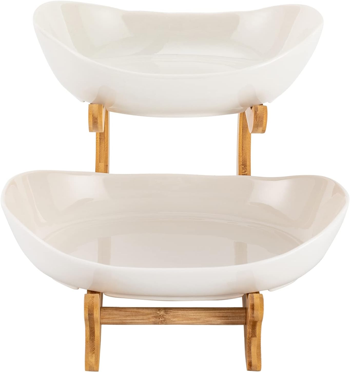 2 - Tier Ceramic Fruit Bowl Basket with Bamboo Stand for Kitchen Counter, Snack Tray, Dessert Server & Vegetable Storage Rack - Furniture > Dining > Buffets & Sideboards - Rivercity House & Home Co. (ABN 18 642 972 209) - Affordable Modern Furniture Australia