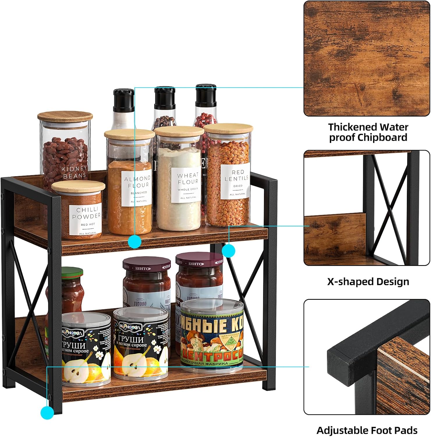 2 - Tier Countertop Shelf Organizer Rustic Wood Kitchen Spice Rack for Storage, Condiments & Cabinet Organization - Home & Garden > DIY > Kitchen & Bathroom DIY - Rivercity House & Home Co. (ABN 18 642 972 209) - Affordable Modern Furniture Australia