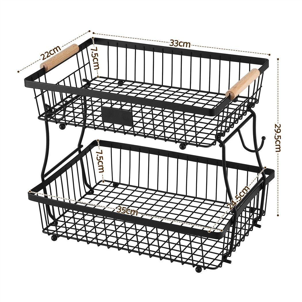 2 Tier Detachable Fruit Basket with Banana Hanger and Wooden Handles - Black - Home & Garden > Kitchenware > Food Storage - Rivercity House & Home Co. (ABN 18 642 972 209) - Affordable Modern Furniture Australia