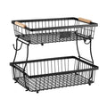 2 Tier Detachable Fruit Basket with Banana Hanger and Wooden Handles - Black