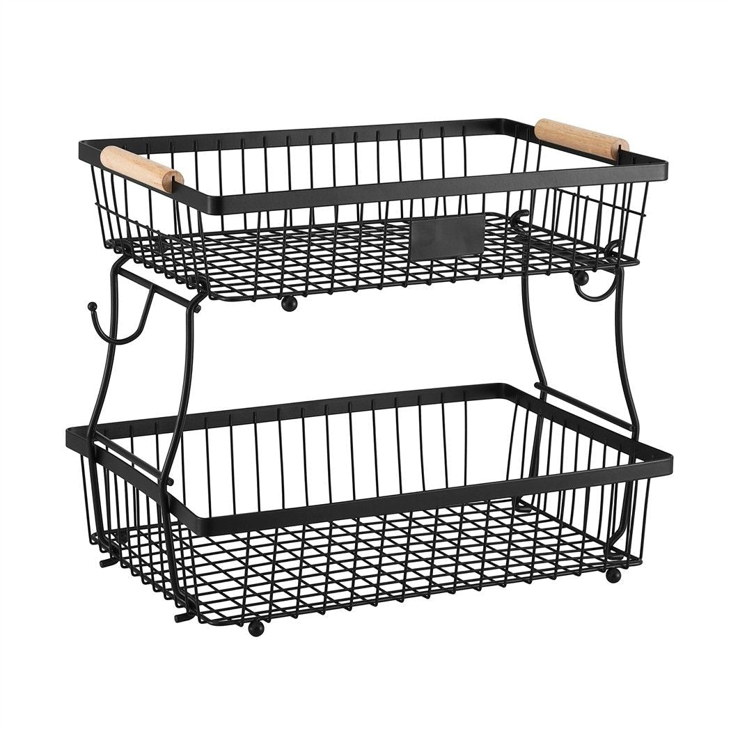 2 Tier Detachable Fruit Basket with Banana Hanger and Wooden Handles - Black - Home & Garden > Kitchenware > Food Storage - Rivercity House & Home Co. (ABN 18 642 972 209) - Affordable Modern Furniture Australia