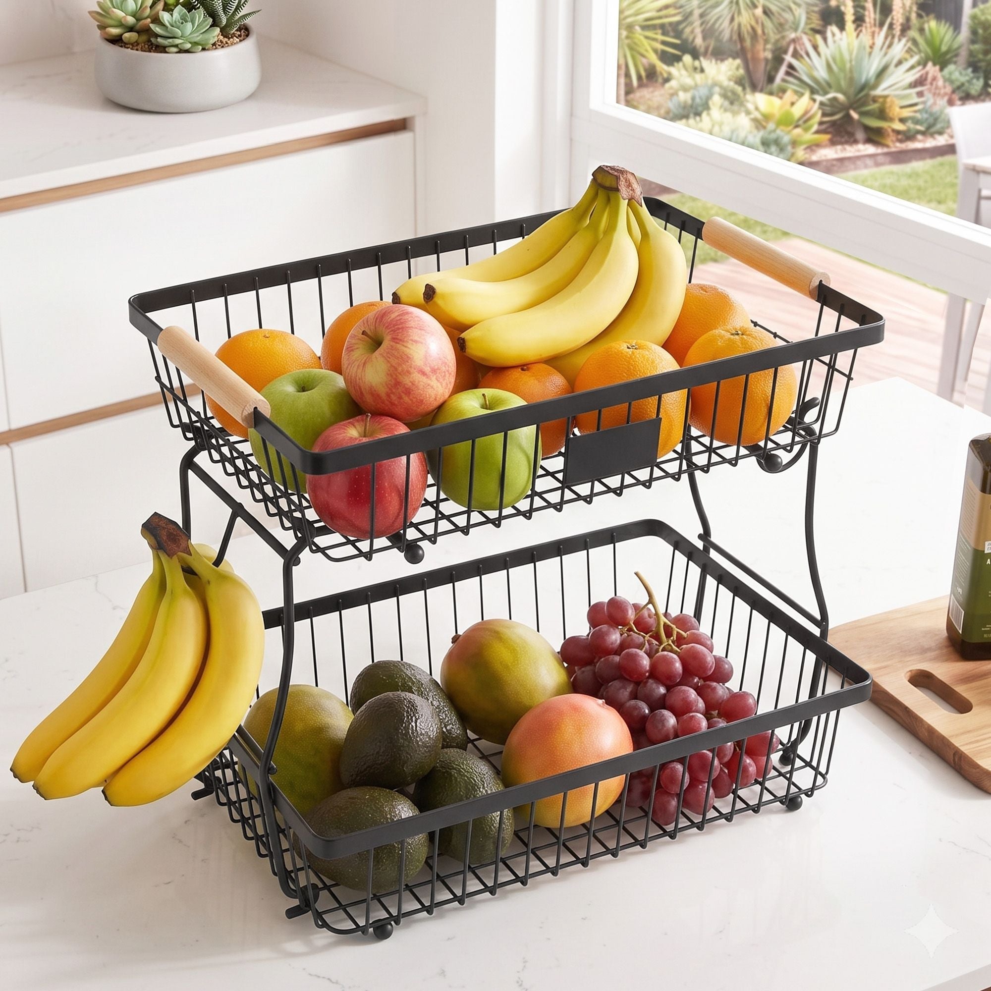 2 Tier Detachable Fruit Basket with Banana Hanger and Wooden Handles - Black - Home & Garden > Kitchenware > Food Storage - Rivercity House & Home Co. (ABN 18 642 972 209) - Affordable Modern Furniture Australia