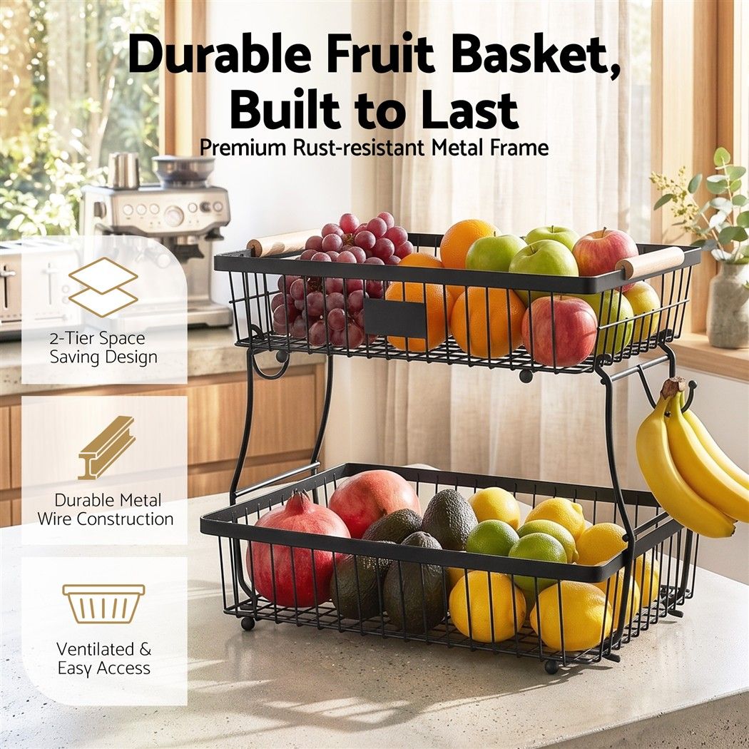 2 Tier Detachable Fruit Basket with Banana Hanger and Wooden Handles - Black - Home & Garden > Kitchenware > Food Storage - Rivercity House & Home Co. (ABN 18 642 972 209) - Affordable Modern Furniture Australia