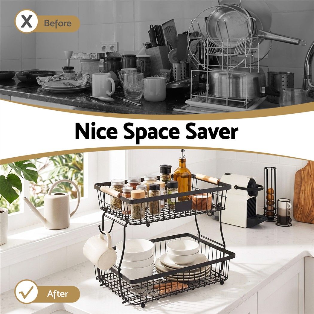 2 Tier Detachable Fruit Basket with Banana Hanger and Wooden Handles - Black - Home & Garden > Kitchenware > Food Storage - Rivercity House & Home Co. (ABN 18 642 972 209) - Affordable Modern Furniture Australia