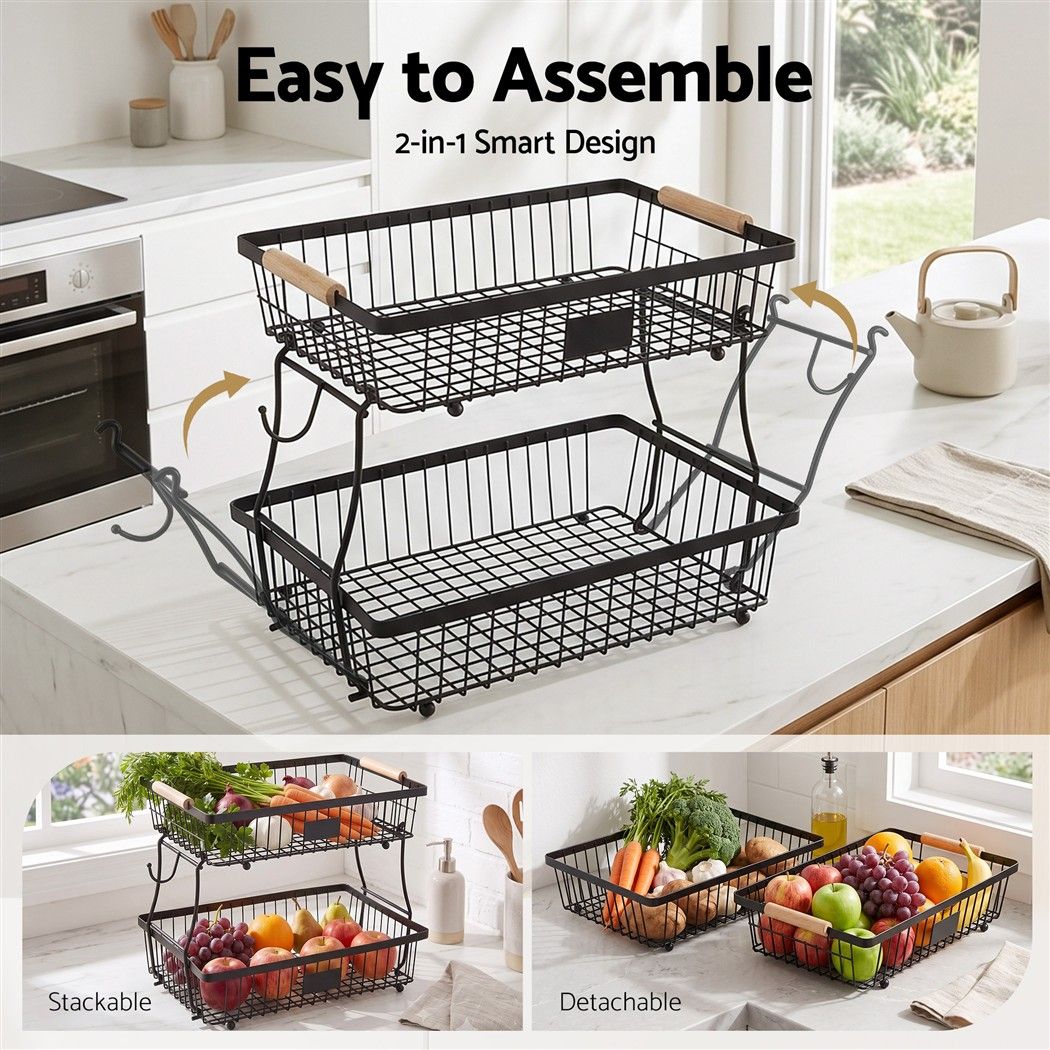 2 Tier Detachable Fruit Basket with Banana Hanger and Wooden Handles - Black - Home & Garden > Kitchenware > Food Storage - Rivercity House & Home Co. (ABN 18 642 972 209) - Affordable Modern Furniture Australia