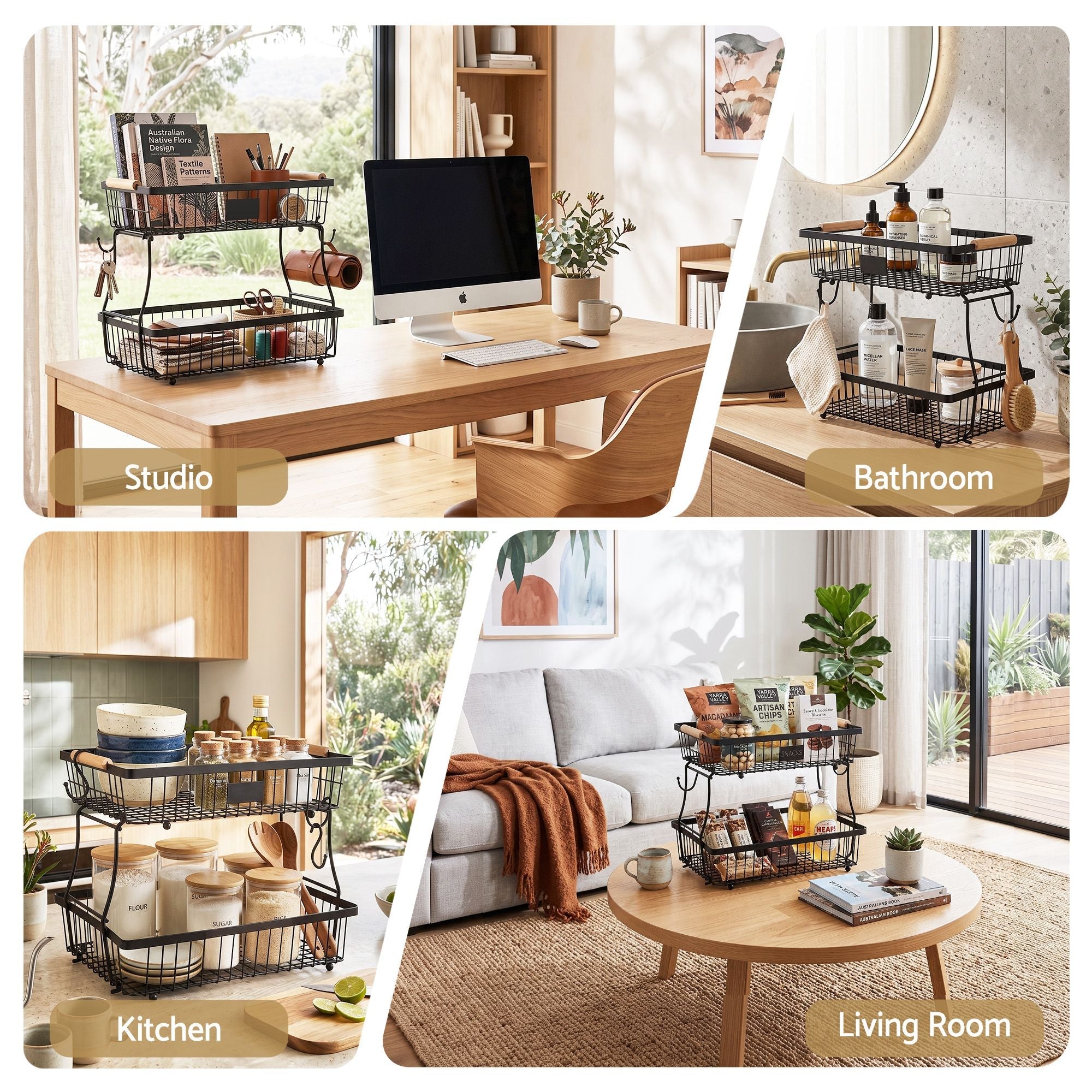 2 Tier Detachable Fruit Basket with Banana Hanger and Wooden Handles - Black - Home & Garden > Kitchenware > Food Storage - Rivercity House & Home Co. (ABN 18 642 972 209) - Affordable Modern Furniture Australia
