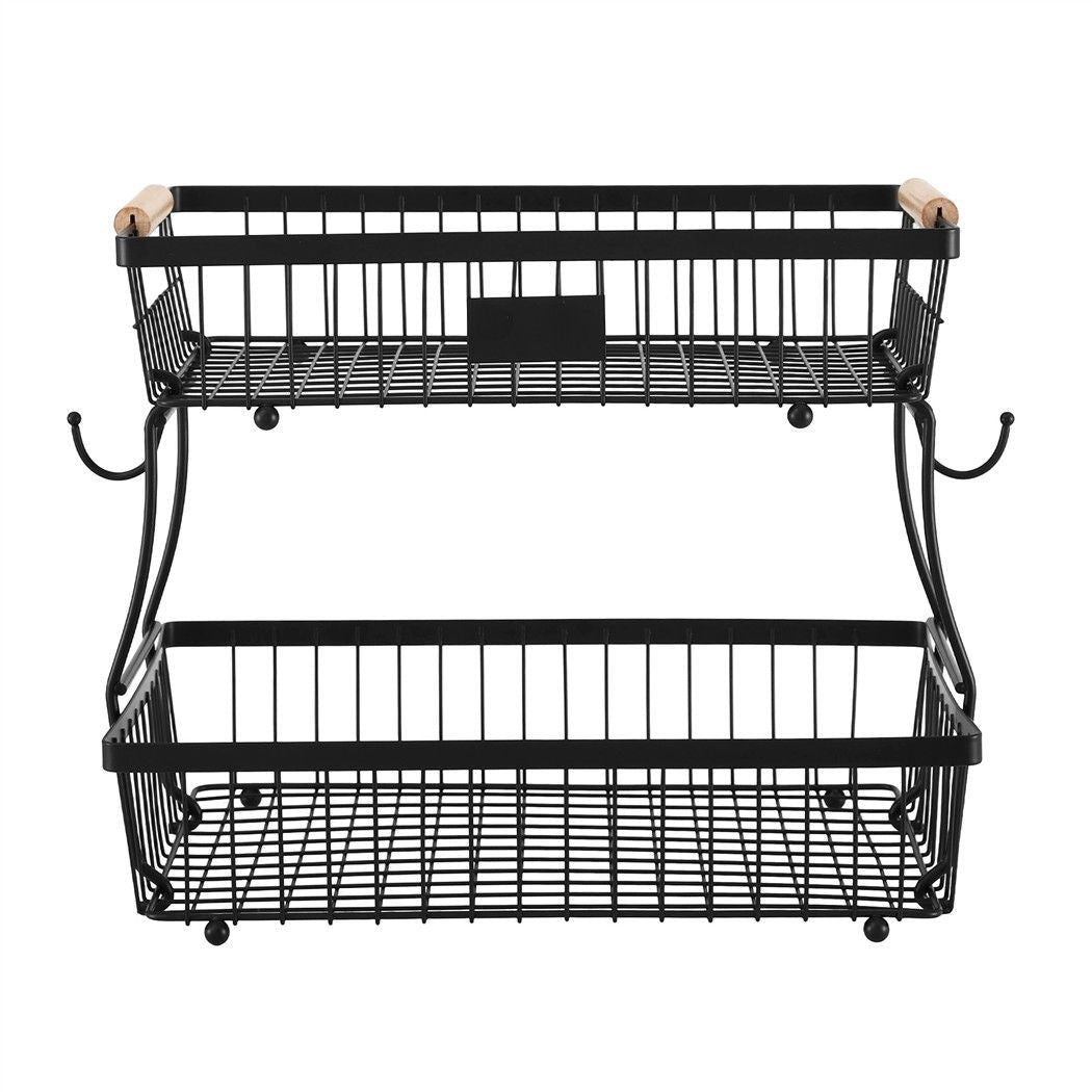 2 Tier Detachable Fruit Basket with Banana Hanger and Wooden Handles - Black - Home & Garden > Kitchenware > Food Storage - Rivercity House & Home Co. (ABN 18 642 972 209) - Affordable Modern Furniture Australia