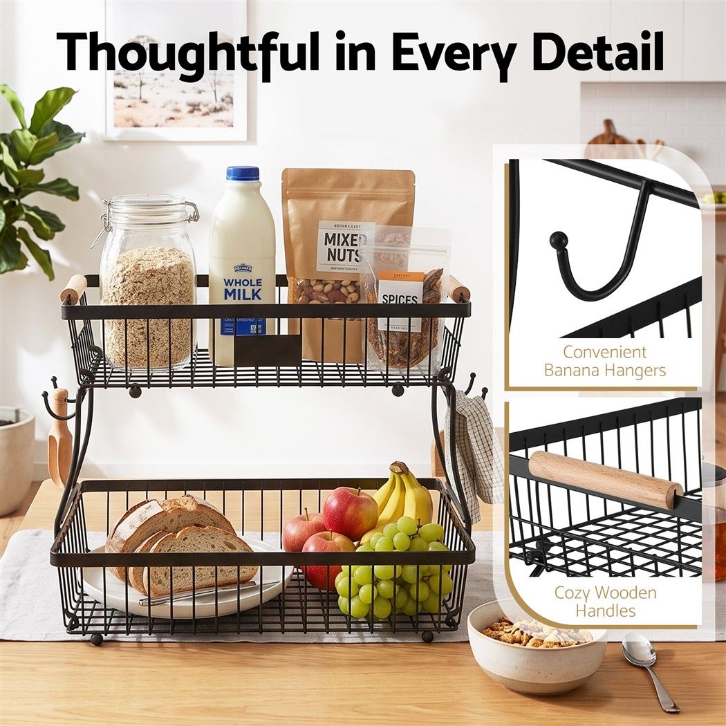 2 Tier Detachable Fruit Basket with Banana Hanger and Wooden Handles - Black - Home & Garden > Kitchenware > Food Storage - Rivercity House & Home Co. (ABN 18 642 972 209) - Affordable Modern Furniture Australia