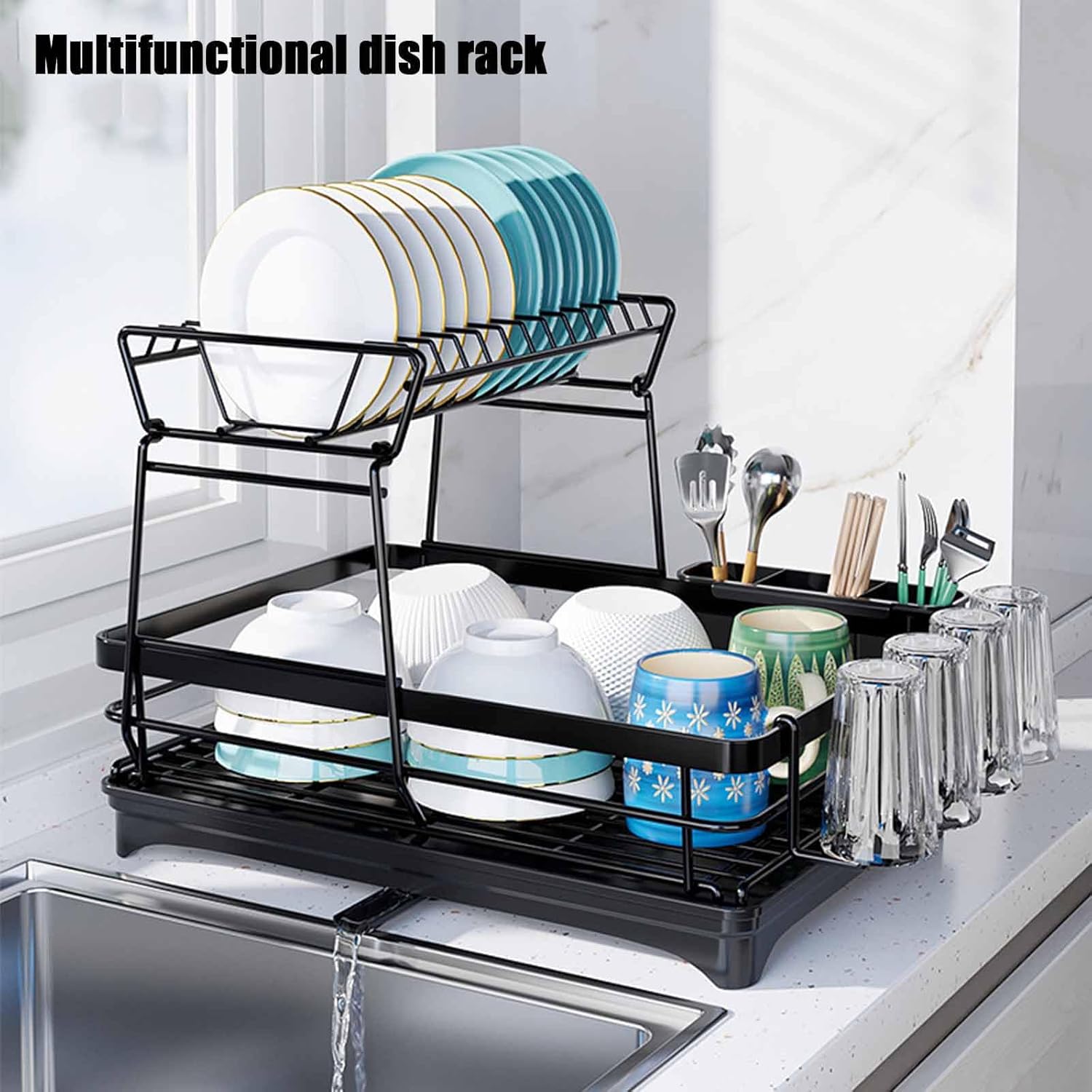 2 - Tier Dish Drying Rack for Kitchen Counter with Drainboard, Utensil Holder, Cup Rack & Cutlery Organizer - Home & Garden > Kitchenware > Dish Racks - Rivercity House & Home Co. (ABN 18 642 972 209) - Affordable Modern Furniture Australia