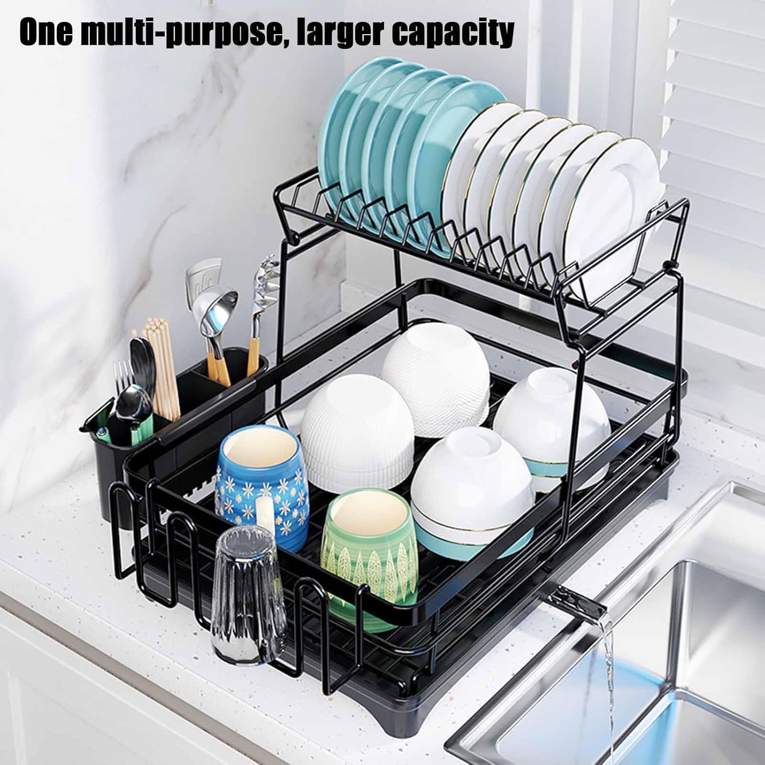 2 - Tier Dish Drying Rack for Kitchen Counter with Drainboard, Utensil Holder, Cup Rack & Cutlery Organizer - Home & Garden > Kitchenware > Dish Racks - Rivercity House & Home Co. (ABN 18 642 972 209) - Affordable Modern Furniture Australia