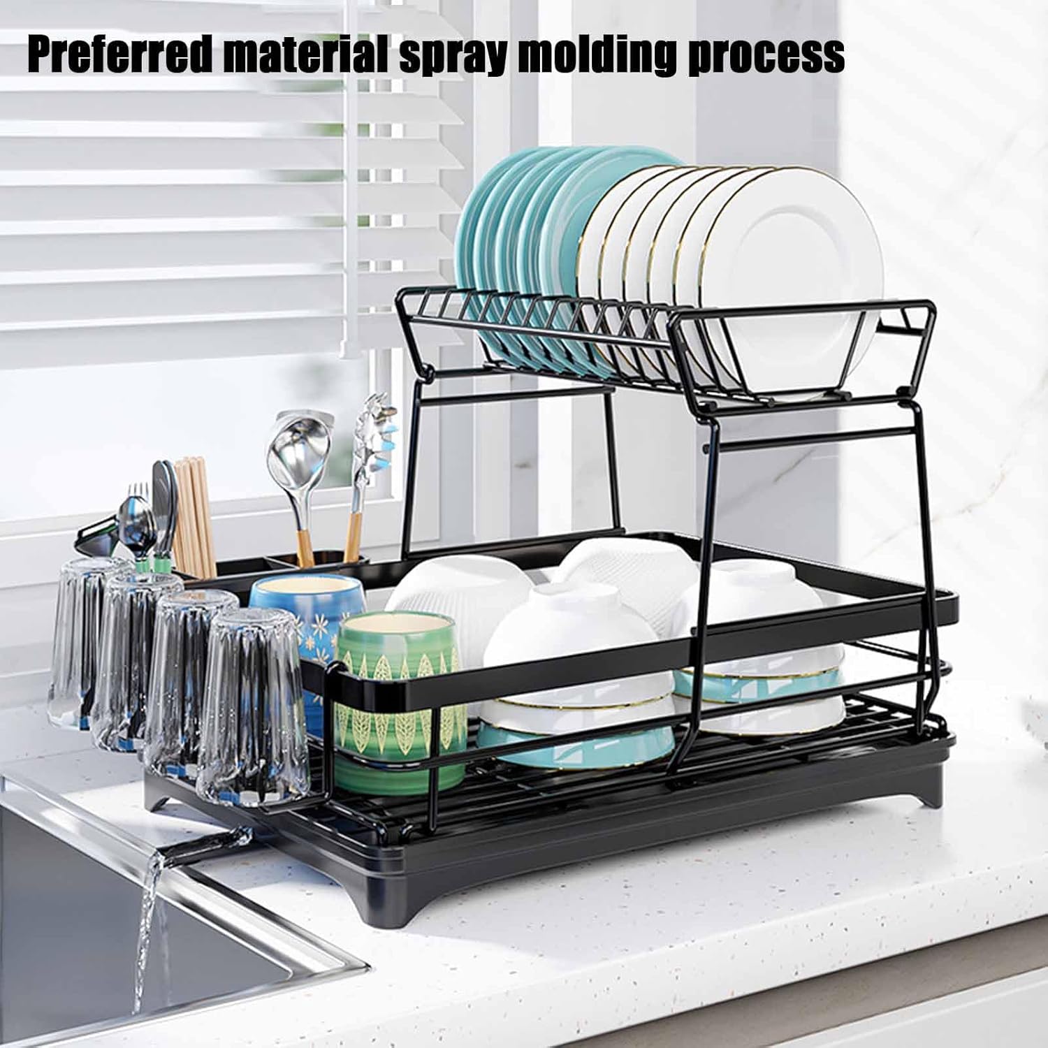 2 - Tier Dish Drying Rack for Kitchen Counter with Drainboard, Utensil Holder, Cup Rack & Cutlery Organizer - Home & Garden > Kitchenware > Dish Racks - Rivercity House & Home Co. (ABN 18 642 972 209) - Affordable Modern Furniture Australia