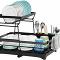 2-Tier Kitchen Counter Dish Drying Rack with Drainboard, Utensil Holder & Cutlery Organiser - Black