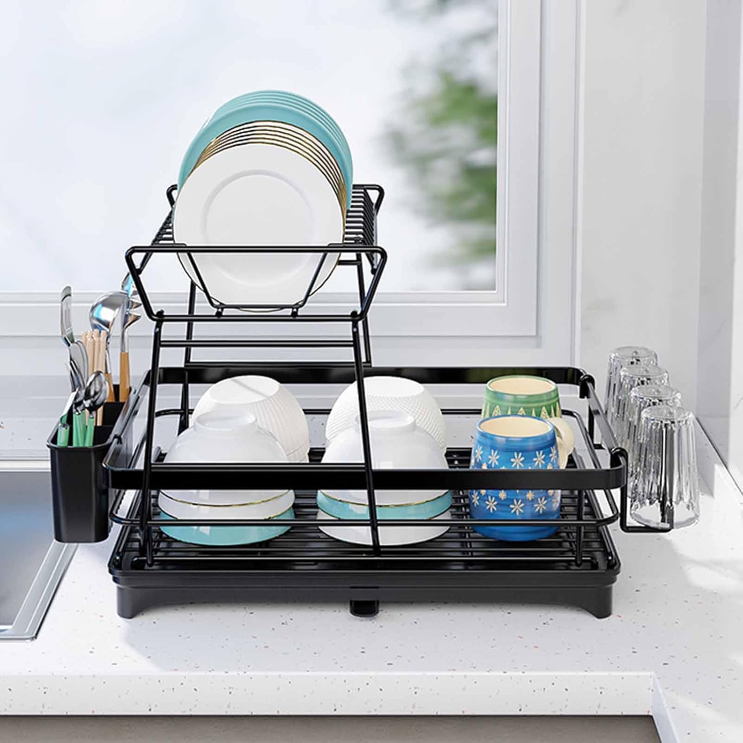 2 - Tier Dish Drying Rack for Kitchen Counter with Drainboard, Utensil Holder, Cup Rack & Cutlery Organizer - Home & Garden > Kitchenware > Dish Racks - Rivercity House & Home Co. (ABN 18 642 972 209) - Affordable Modern Furniture Australia