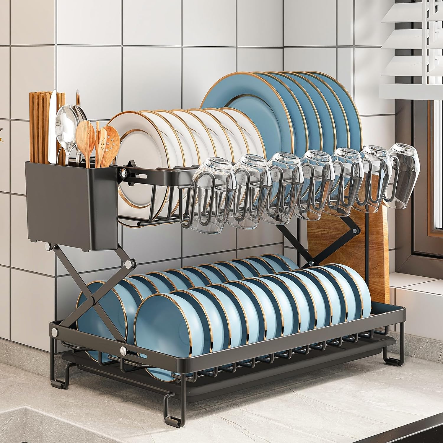 2 - Tier Dish Drying Rack with Drainage Tray, Utensil Holder, Cup Hooks & Cutting Board Rack for Kitchen (Black) - Home & Garden > Kitchenware > Dish Racks - Rivercity House & Home Co. (ABN 18 642 972 209) - Affordable Modern Furniture Australia