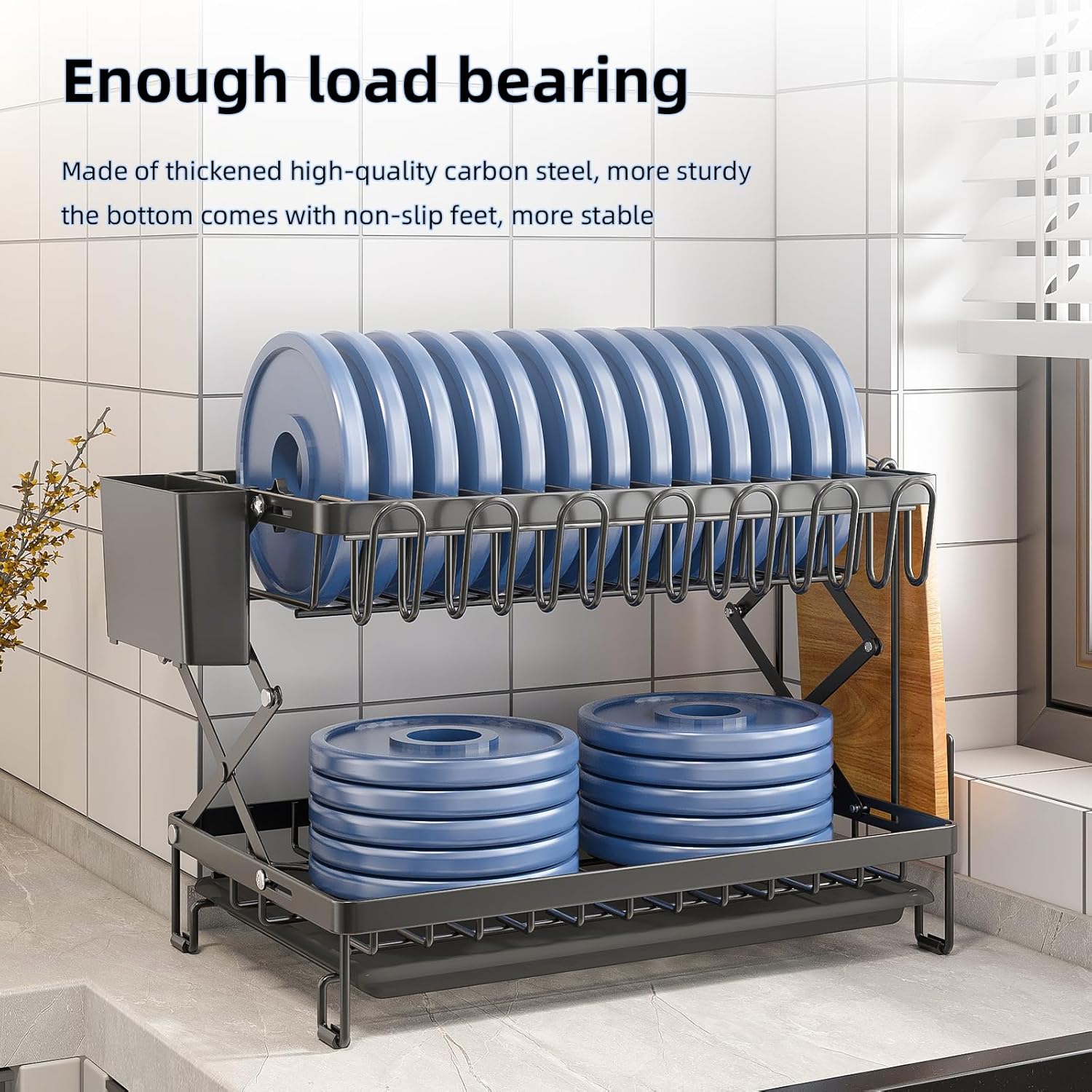 2 - Tier Dish Drying Rack with Drainage Tray, Utensil Holder, Cup Hooks & Cutting Board Rack for Kitchen (Black) - Home & Garden > Kitchenware > Dish Racks - Rivercity House & Home Co. (ABN 18 642 972 209) - Affordable Modern Furniture Australia