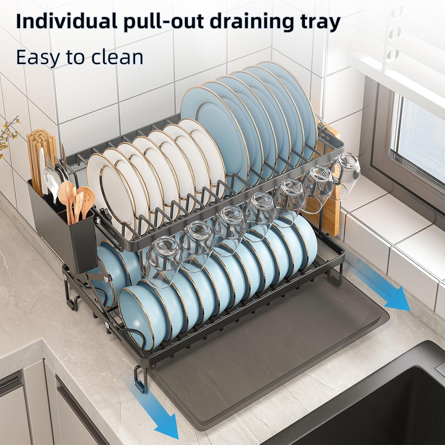 2 - Tier Dish Drying Rack with Drainage Tray, Utensil Holder, Cup Hooks & Cutting Board Rack for Kitchen (Black) - Home & Garden > Kitchenware > Dish Racks - Rivercity House & Home Co. (ABN 18 642 972 209) - Affordable Modern Furniture Australia