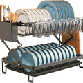 2-Tier Dish Drying Rack with Drainage Tray, Utensil Holder, Cup Hooks & Cutting Board Rack - Black