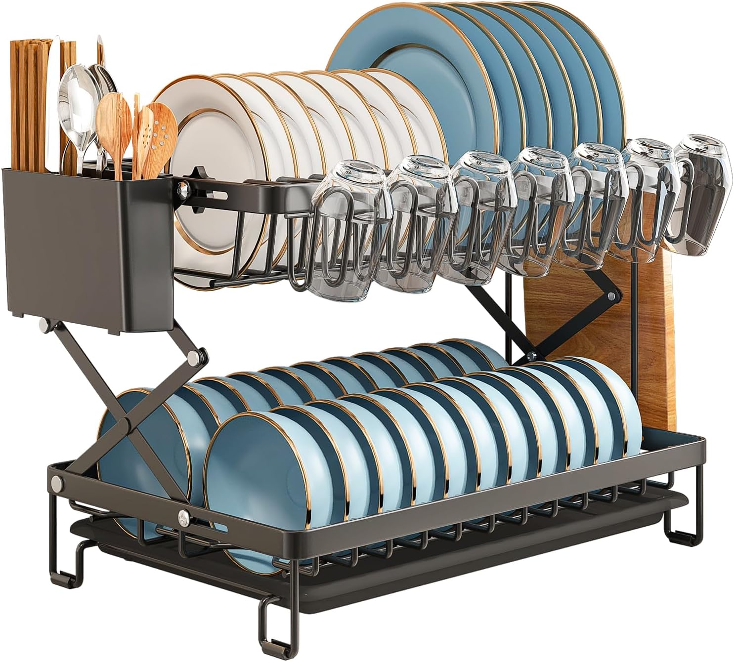 2 - Tier Dish Drying Rack with Drainage Tray, Utensil Holder, Cup Hooks & Cutting Board Rack for Kitchen (Black) - Home & Garden > Kitchenware > Dish Racks - Rivercity House & Home Co. (ABN 18 642 972 209) - Affordable Modern Furniture Australia