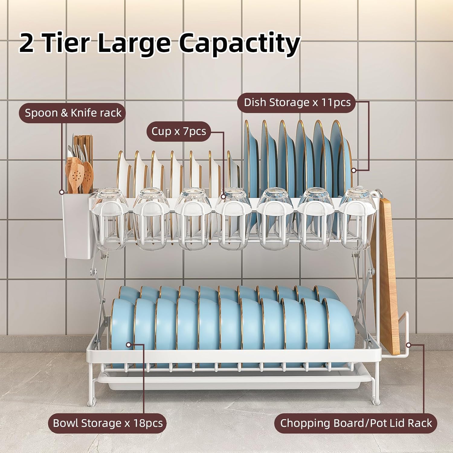 2 - Tier Dish Drying Rack with Drainage Tray, Utensil Holder, Cup Hooks & Cutting Board Rack for Kitchen (White) - Home & Garden > Kitchenware > Dish Racks - Rivercity House & Home Co. (ABN 18 642 972 209) - Affordable Modern Furniture Australia
