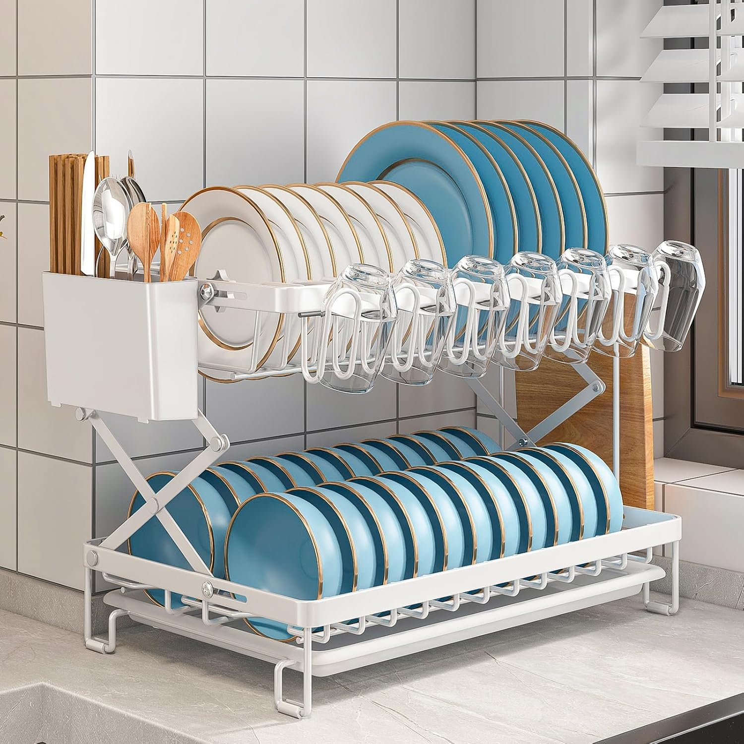 2 - Tier Dish Drying Rack with Drainage Tray, Utensil Holder, Cup Hooks & Cutting Board Rack for Kitchen (White) - Home & Garden > Kitchenware > Dish Racks - Rivercity House & Home Co. (ABN 18 642 972 209) - Affordable Modern Furniture Australia