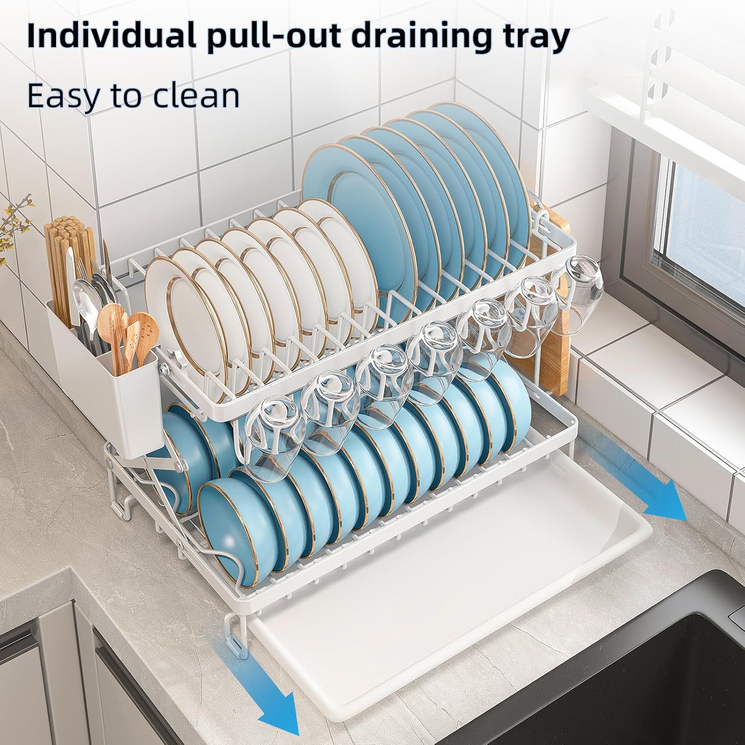 2 - Tier Dish Drying Rack with Drainage Tray, Utensil Holder, Cup Hooks & Cutting Board Rack for Kitchen (White) - Home & Garden > Kitchenware > Dish Racks - Rivercity House & Home Co. (ABN 18 642 972 209) - Affordable Modern Furniture Australia